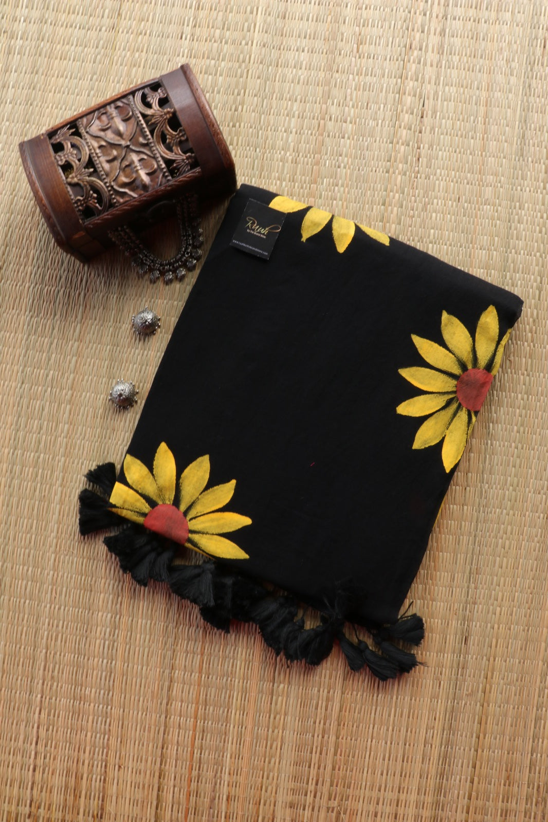 BLACK MULMUL SUNFLOWER HANDPAINT SAREE