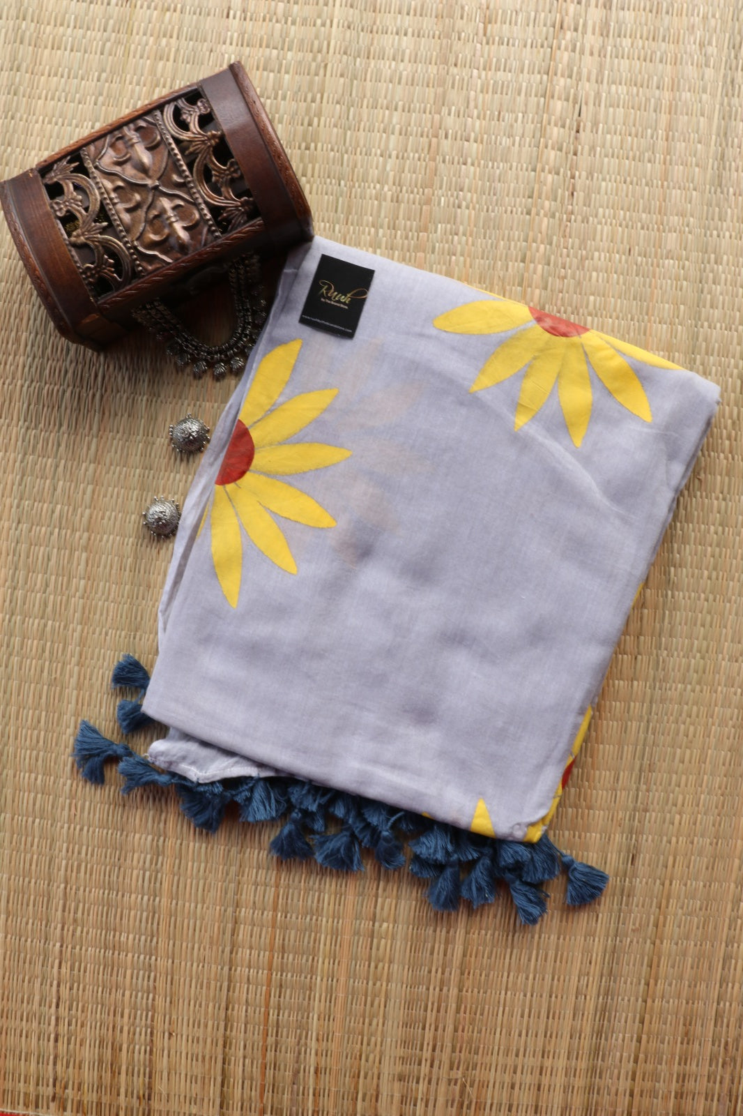 LIGHT GREY MULMUL SUNFLOWER HANDPAINT SAREE