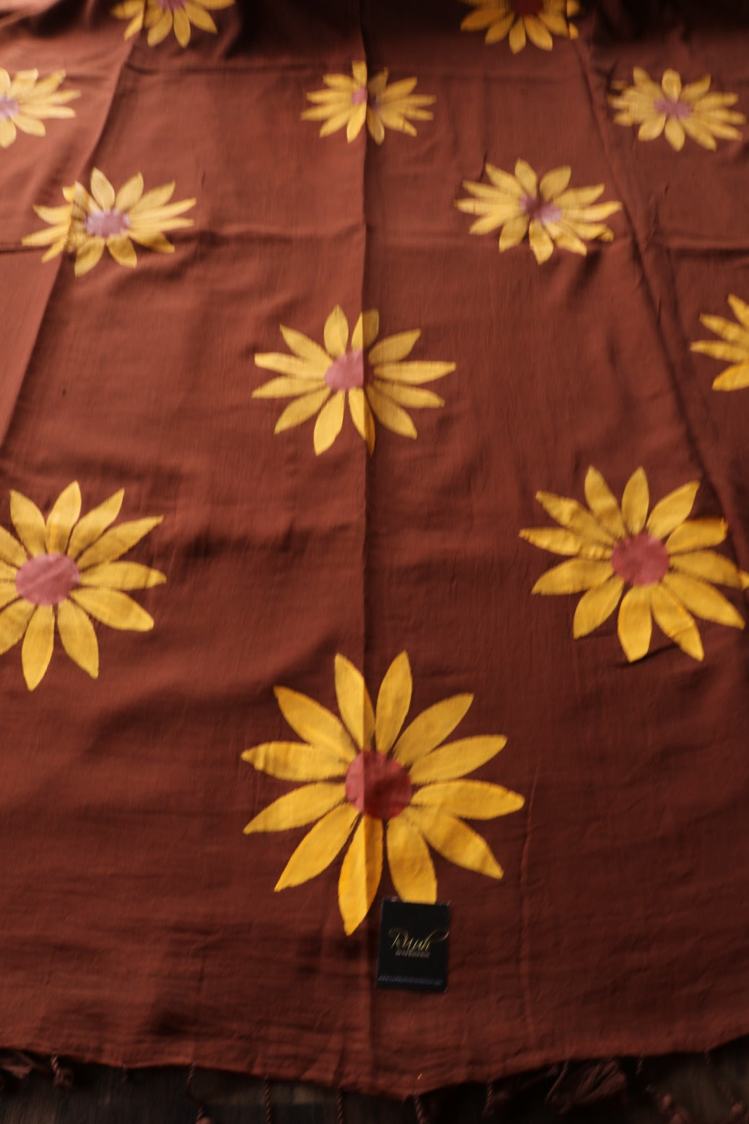 BROWN MULMUL SUNFLOWER HANDPAINT SAREE