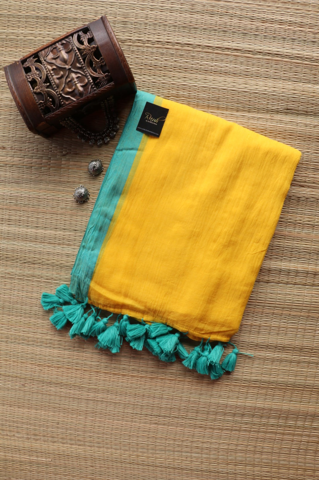 YELLOW- BLUE PLAIN MULMUL SAREE
