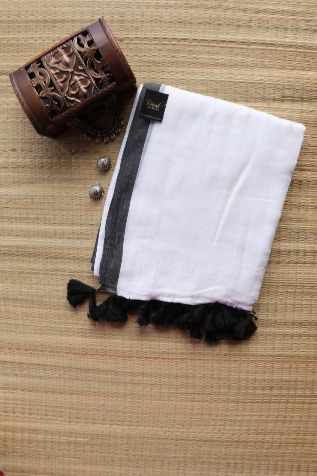 WHITE - BLACK PLAIN MULMUL SAREE