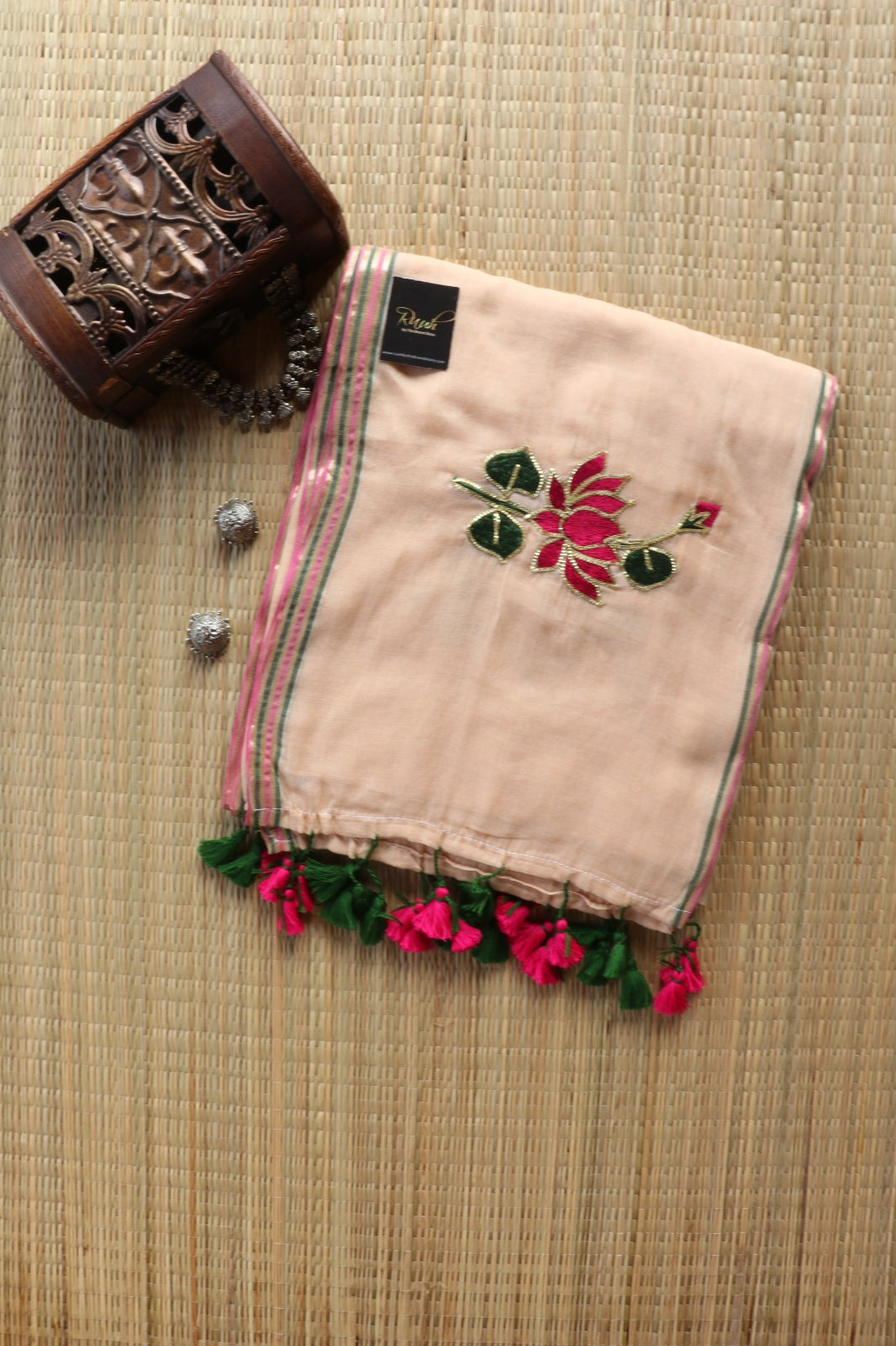 LIGHT BISCUIT MULMUL SAREE WITH LOTUS EMBROIDERY