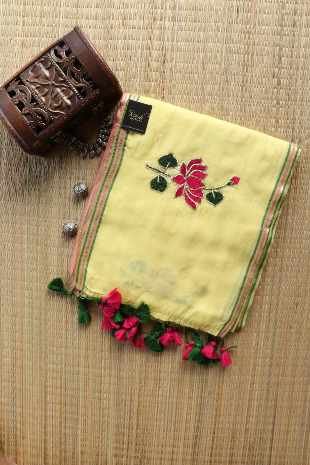 YELLOW MULMUL SAREE WITH LOTUS EMBROIDERY
