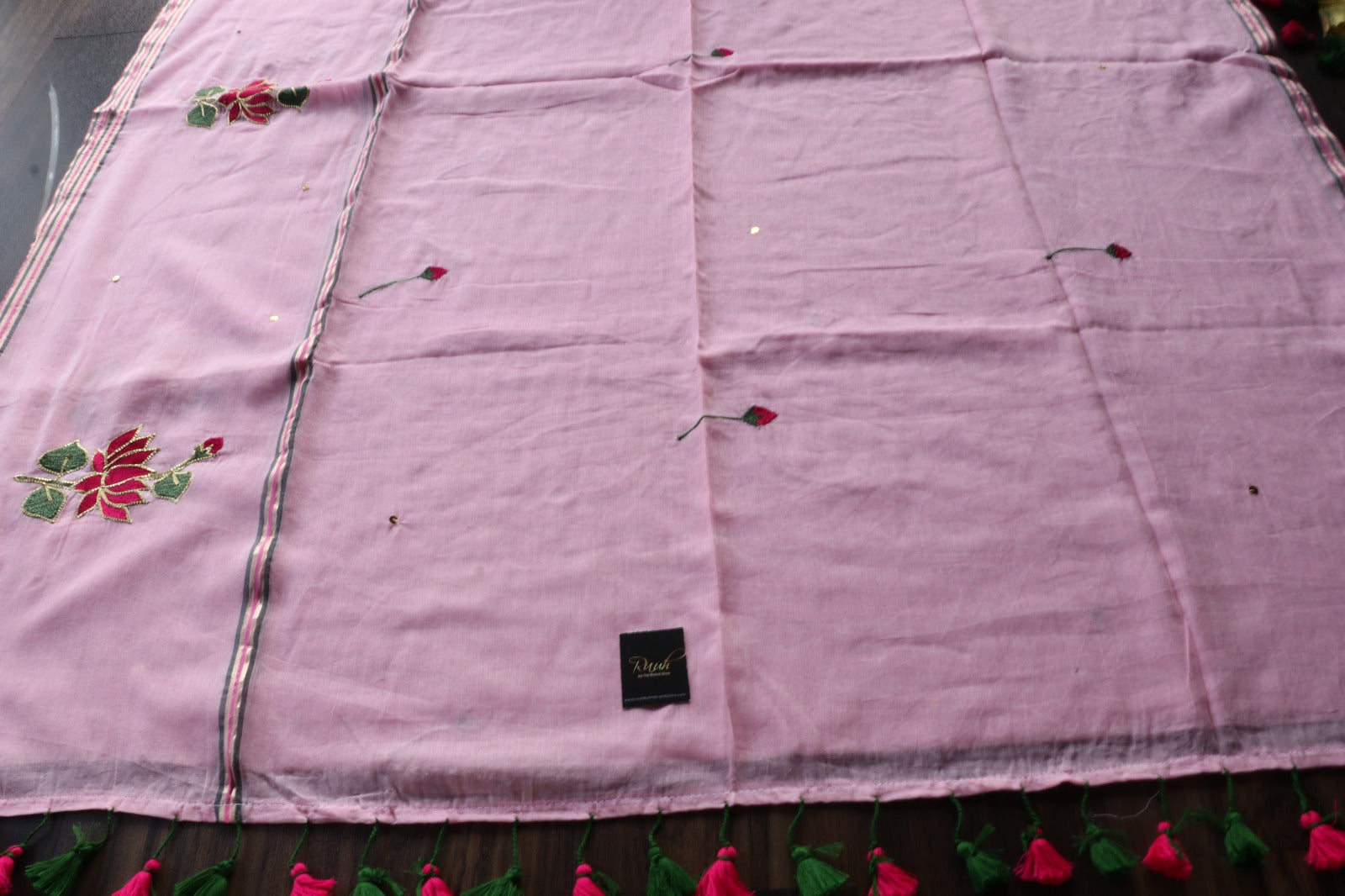 PINK MULMUL SAREE WITH LOTUS EMBROIDERY