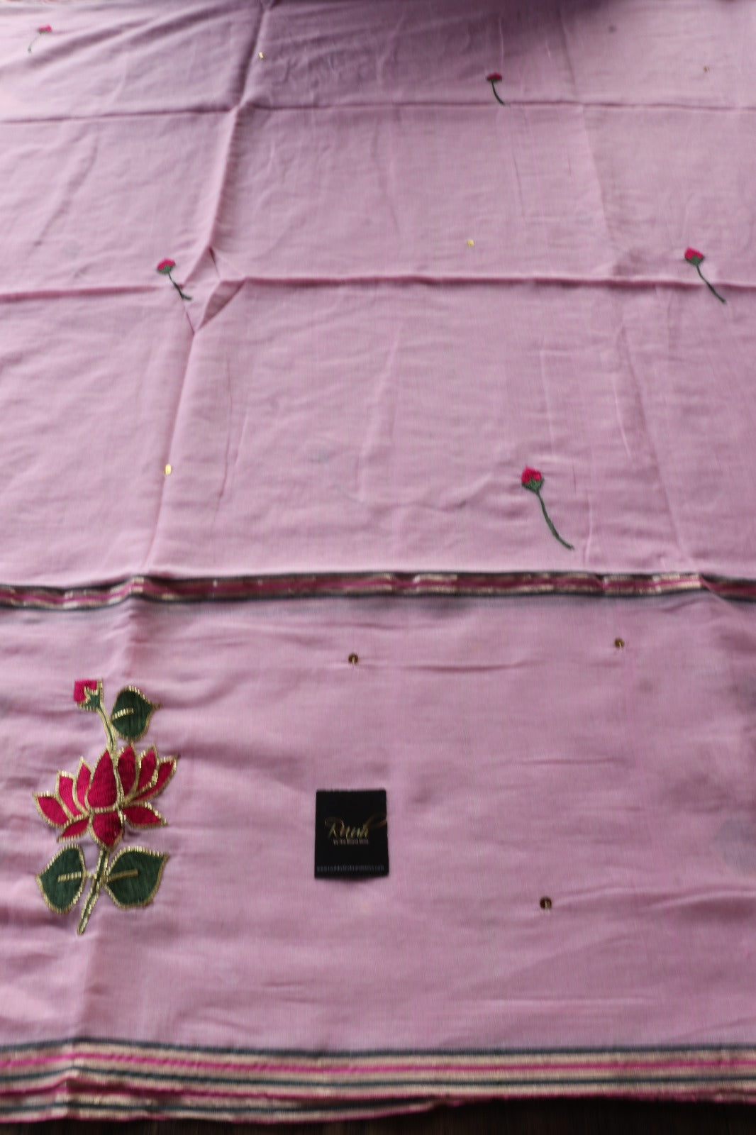 PINK MULMUL SAREE WITH LOTUS EMBROIDERY