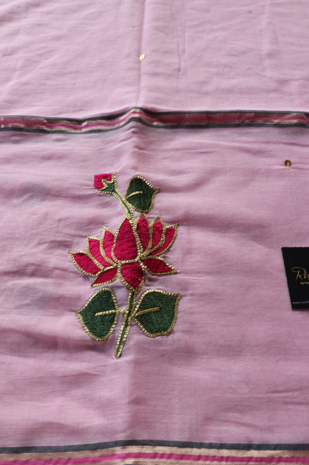 PINK MULMUL SAREE WITH LOTUS EMBROIDERY