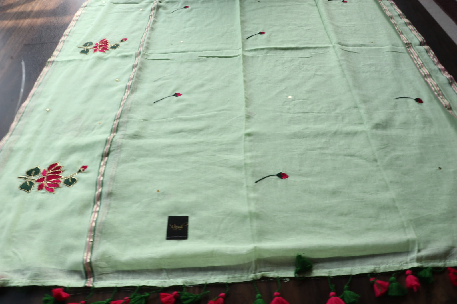 PISTA MULMUL SAREE WITH LOTUS EMBROIDERY
