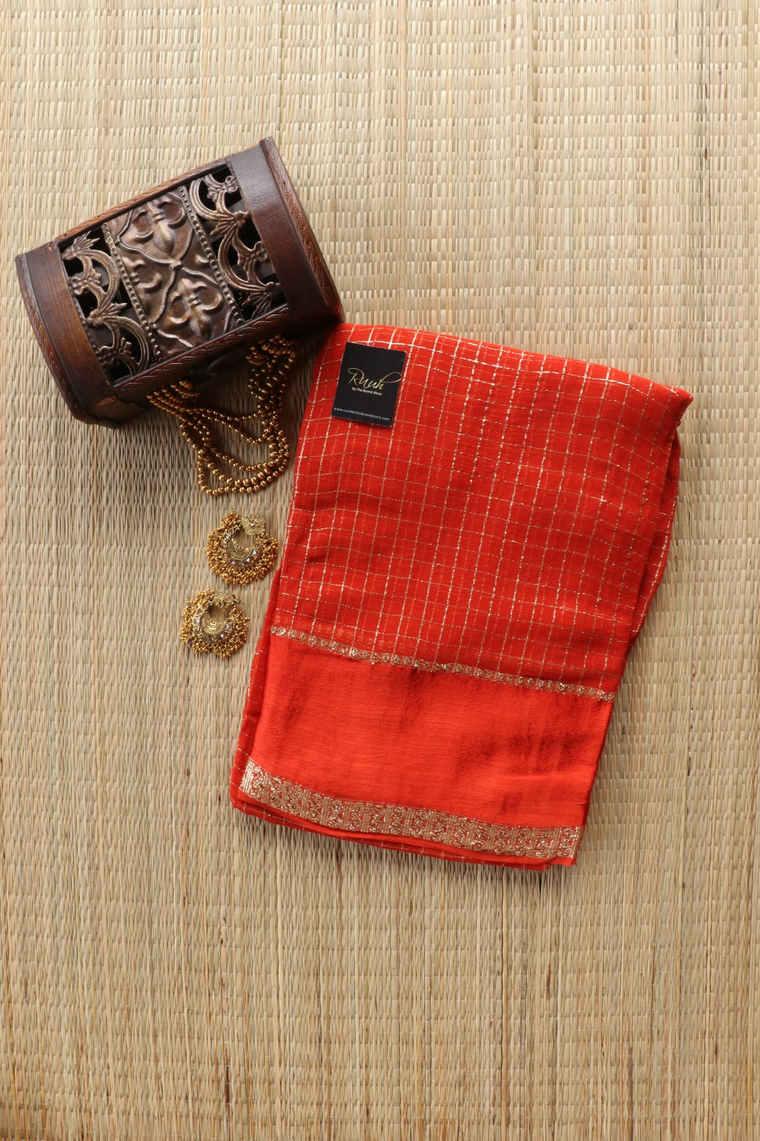 ORANGE VISCOSE CHECK SAREE