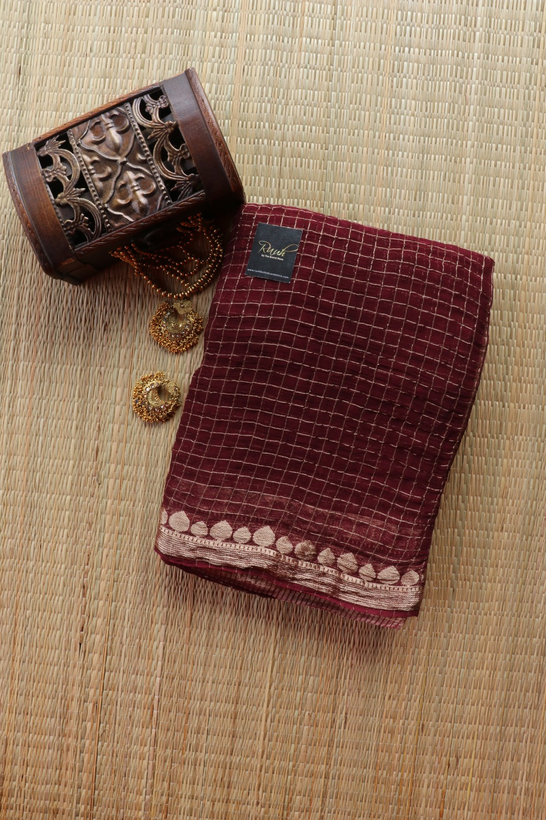 WINE VISCOSE CHECK SAREE