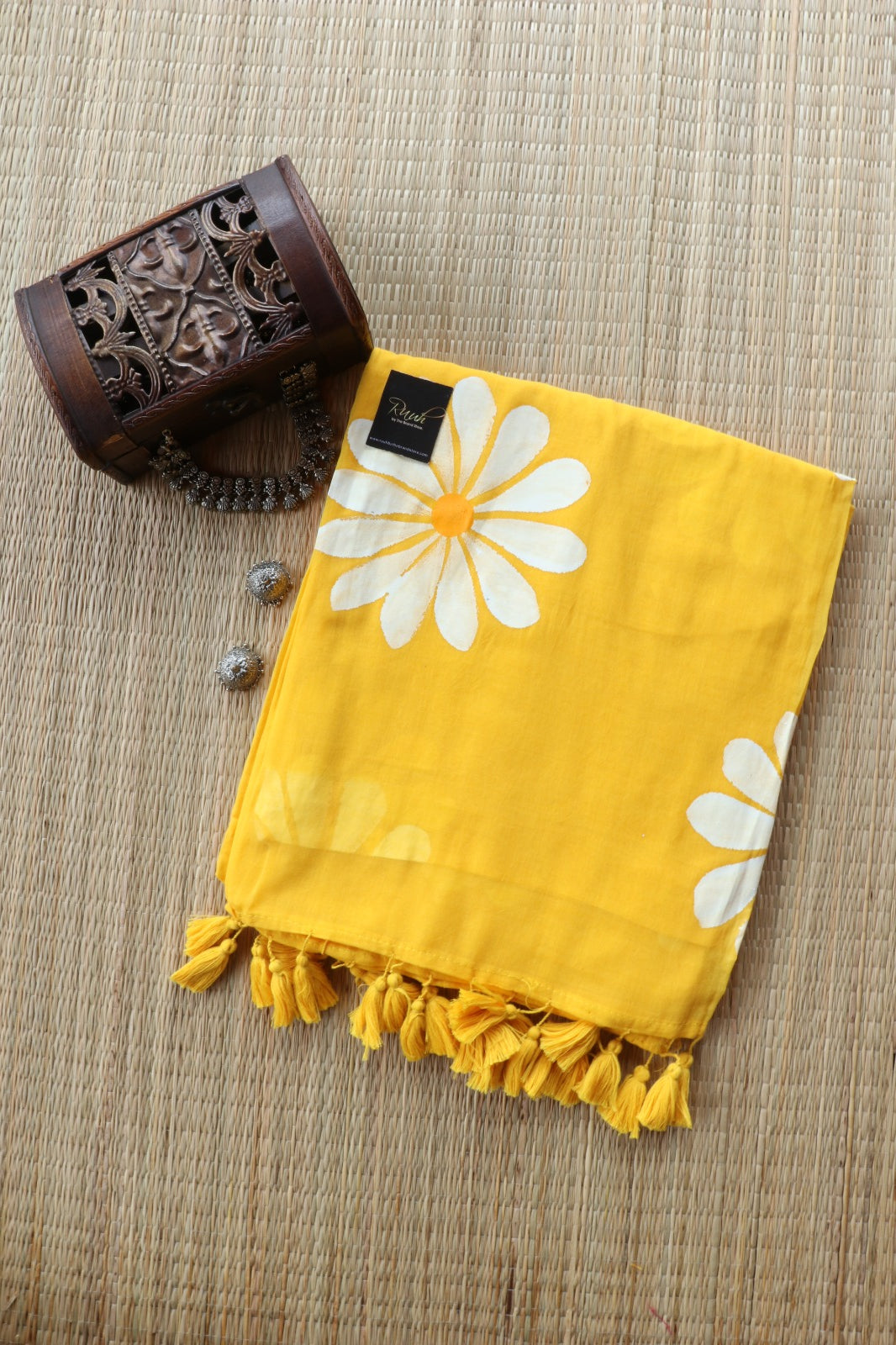 YELLOW MULMUL DAISY HANDPAINT SAREE - TBS26MD