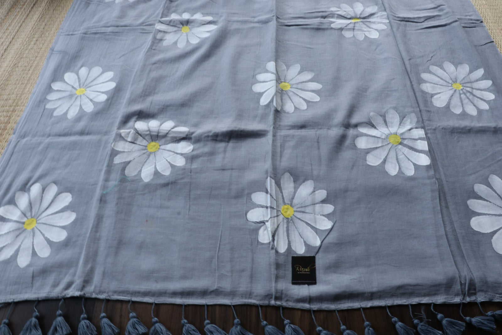 GREY MULMUL DAISY HANDPAINT SAREE - TBS26MD
