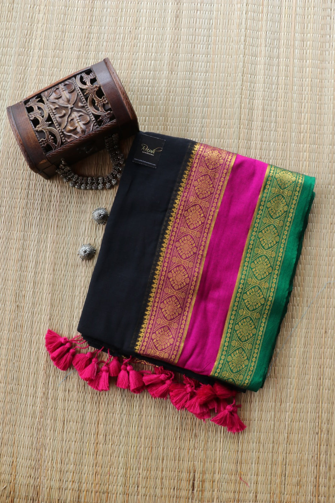 BLACK MULMUL SAREE WITH MULTICOLOUR BORDER