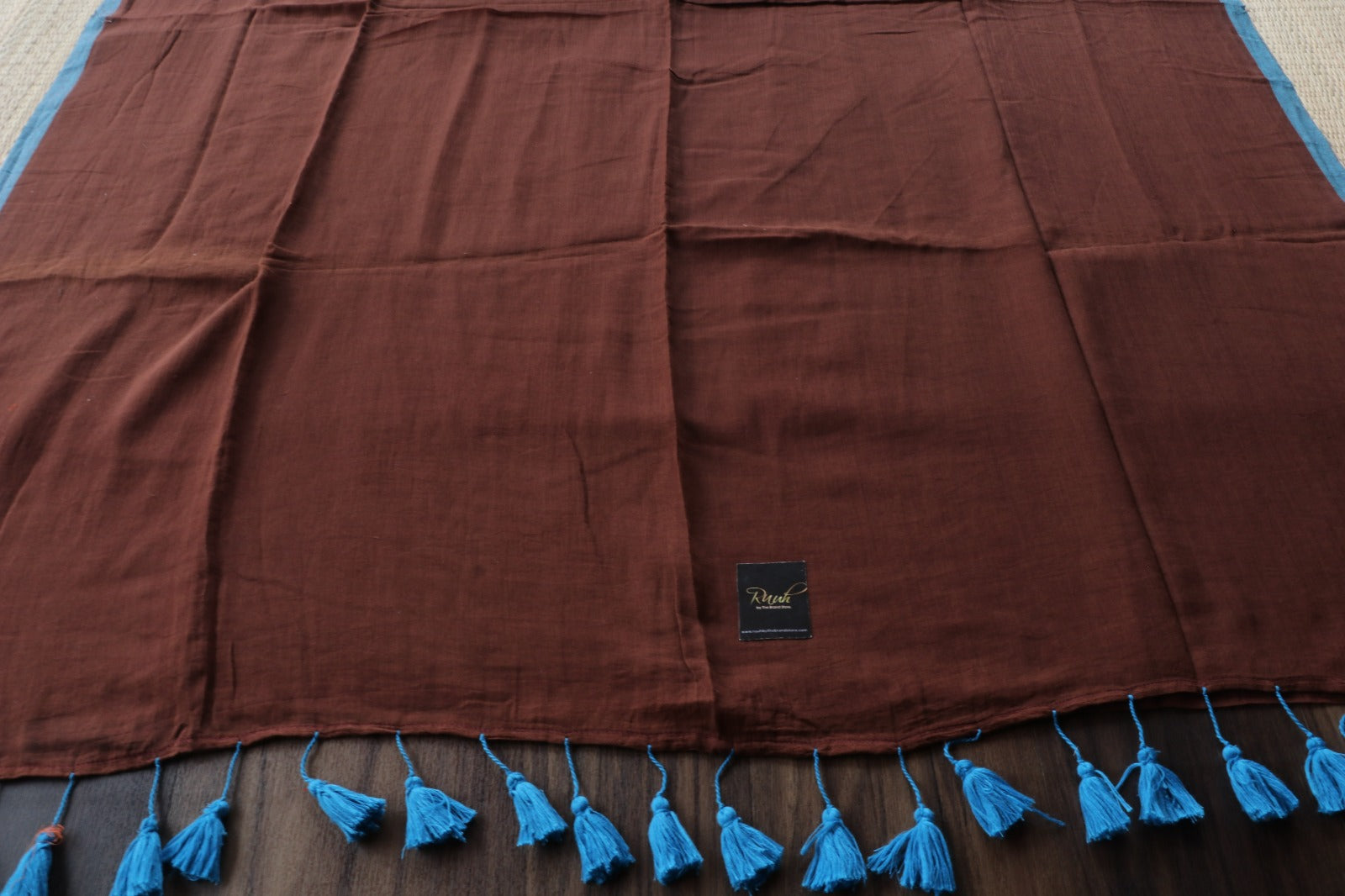 BROWN - BLUE PLAIN MULMUL SAREE