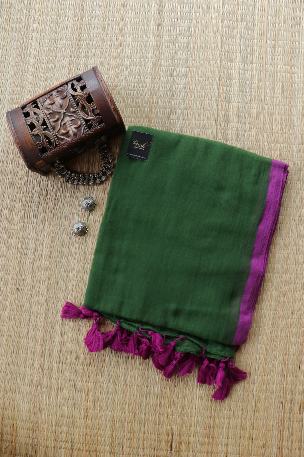 GREEN-PURPLE PLAIN MULMUL SAREE
