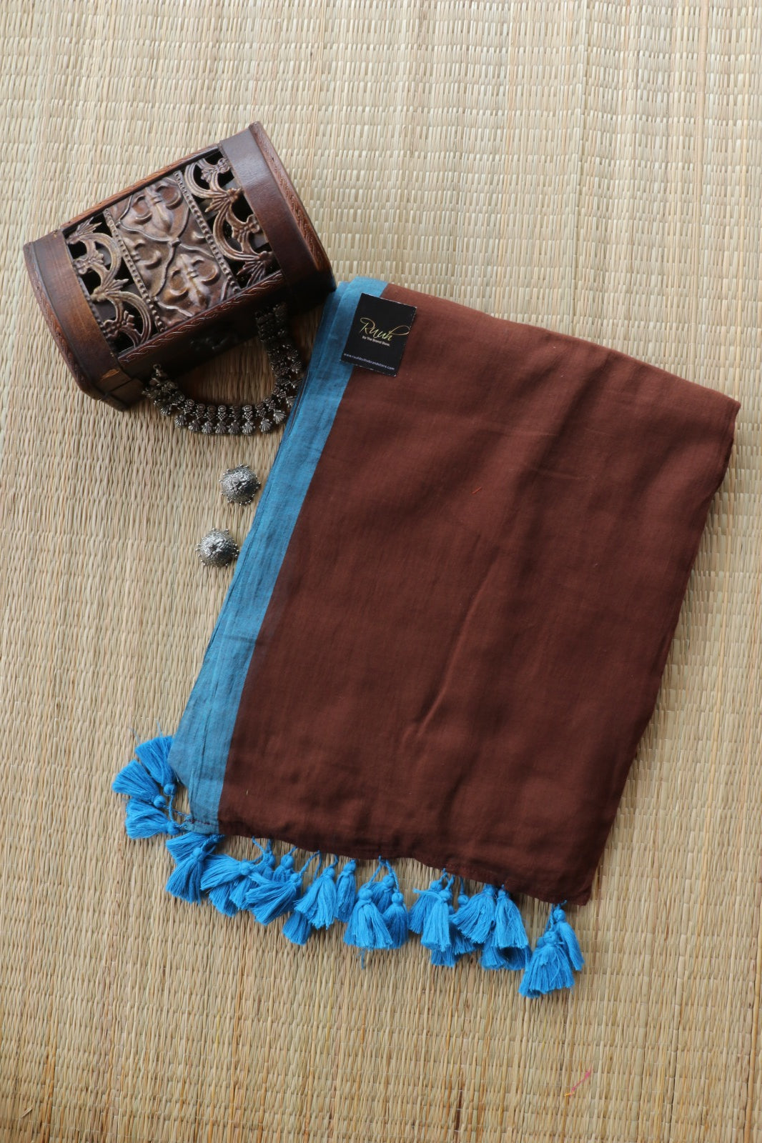 BROWN - BLUE PLAIN MULMUL SAREE