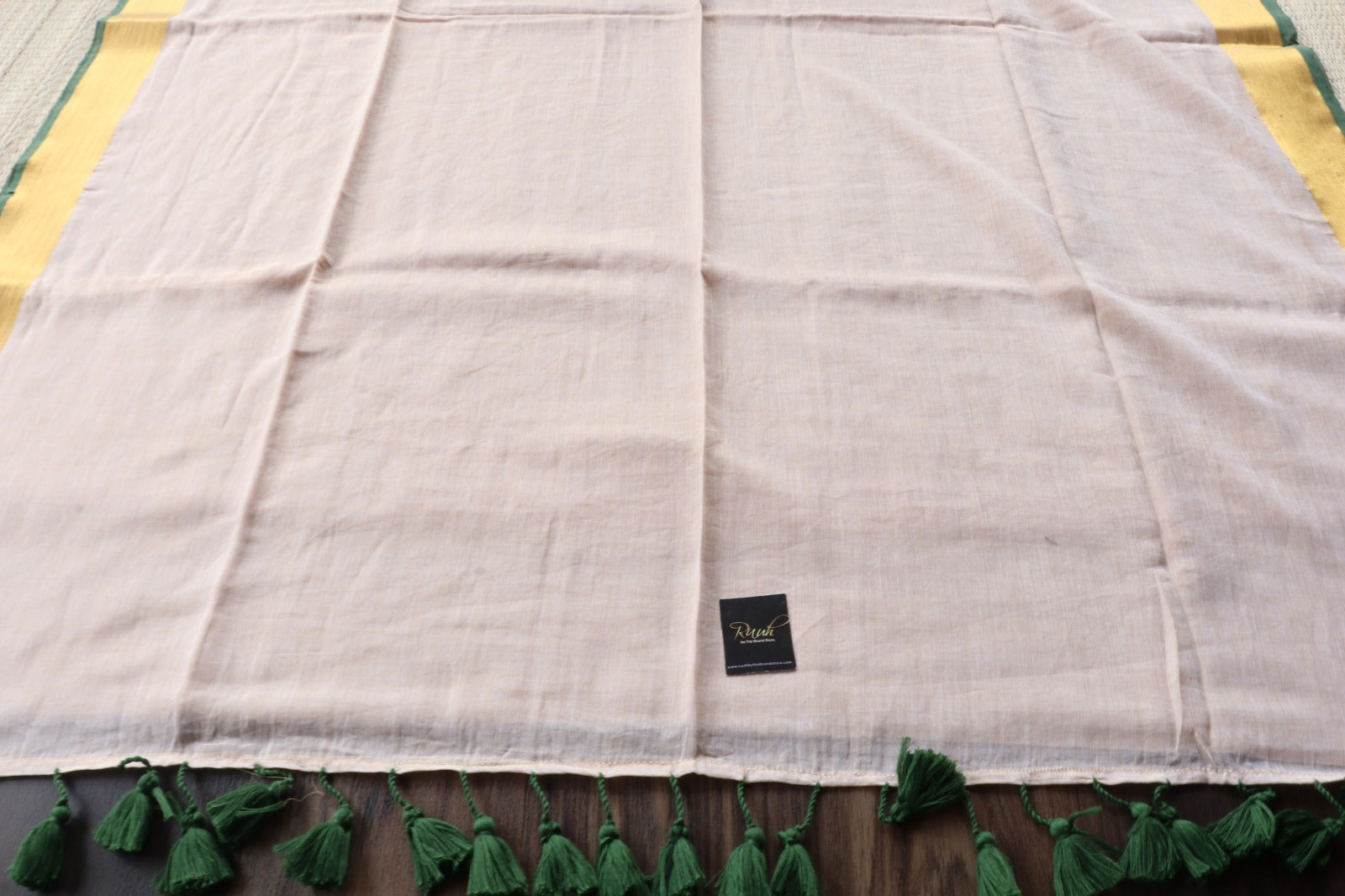 BEIGE MULMUL SAREE WITH GREEN EDGING-TBS26MV