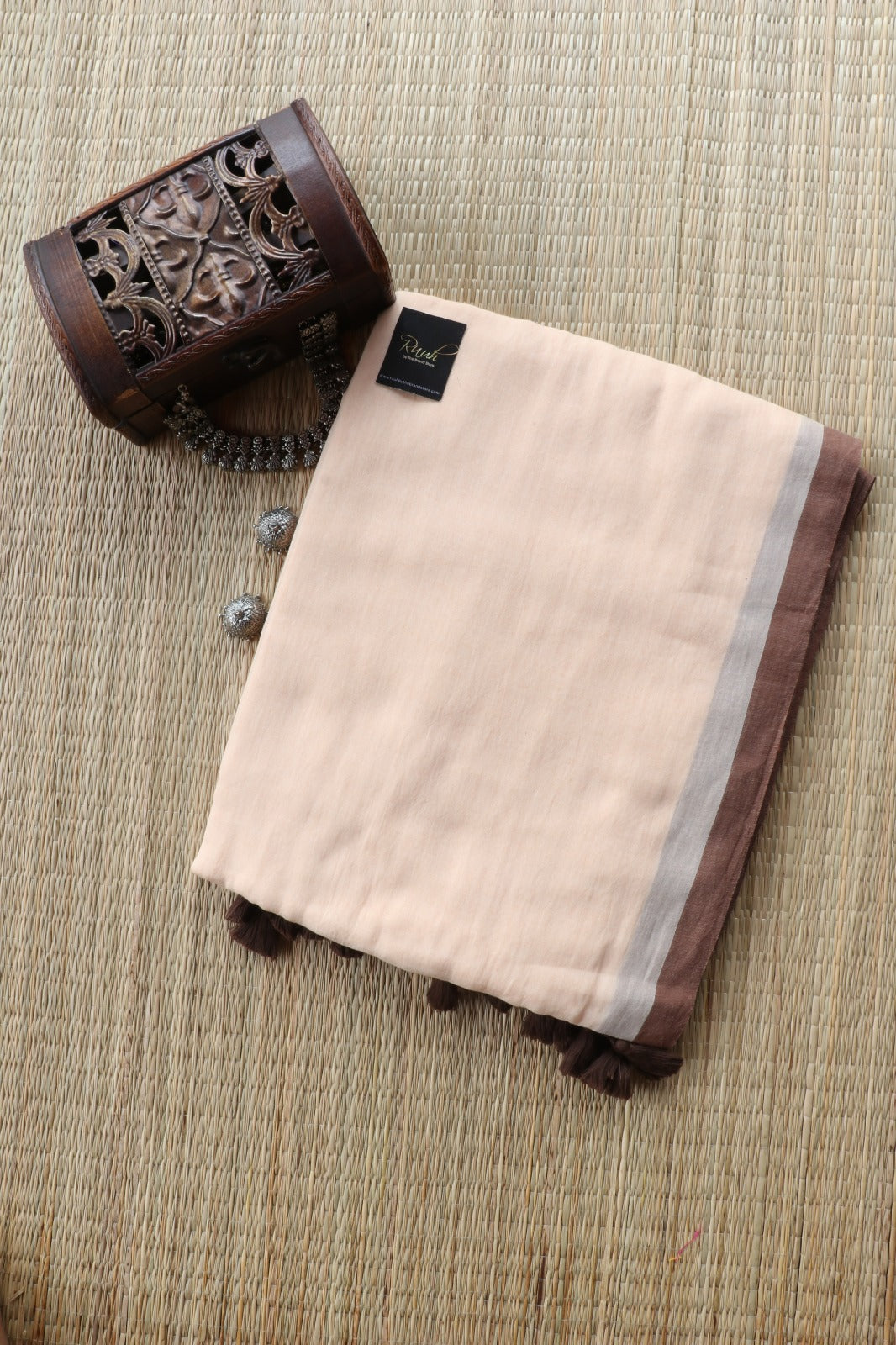 CREAM - BROWN PLAIN MULMUL SAREE