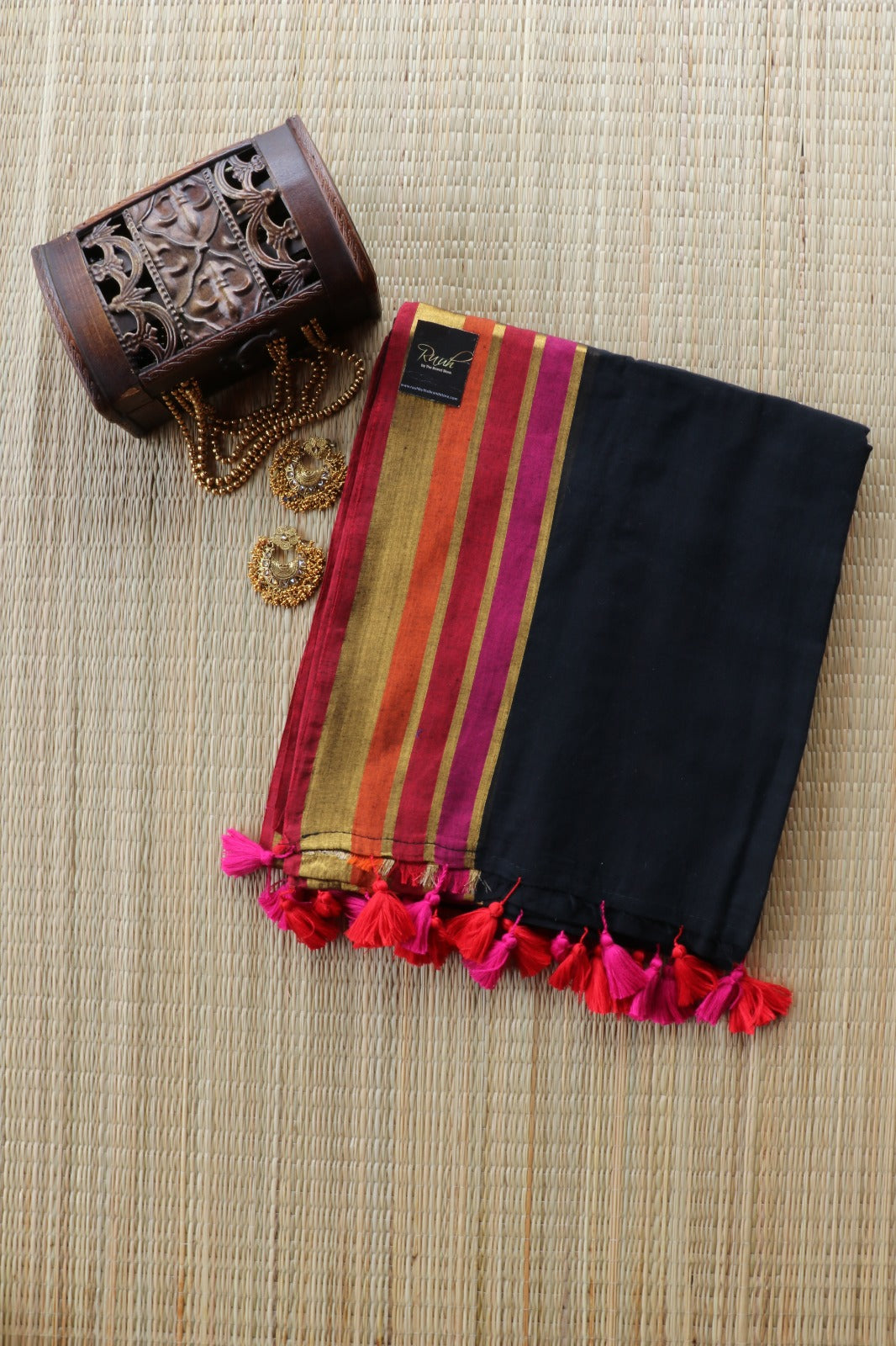 BLACK MUL COTTON WITH MULTICOLOUR BORDER-TBS26VC