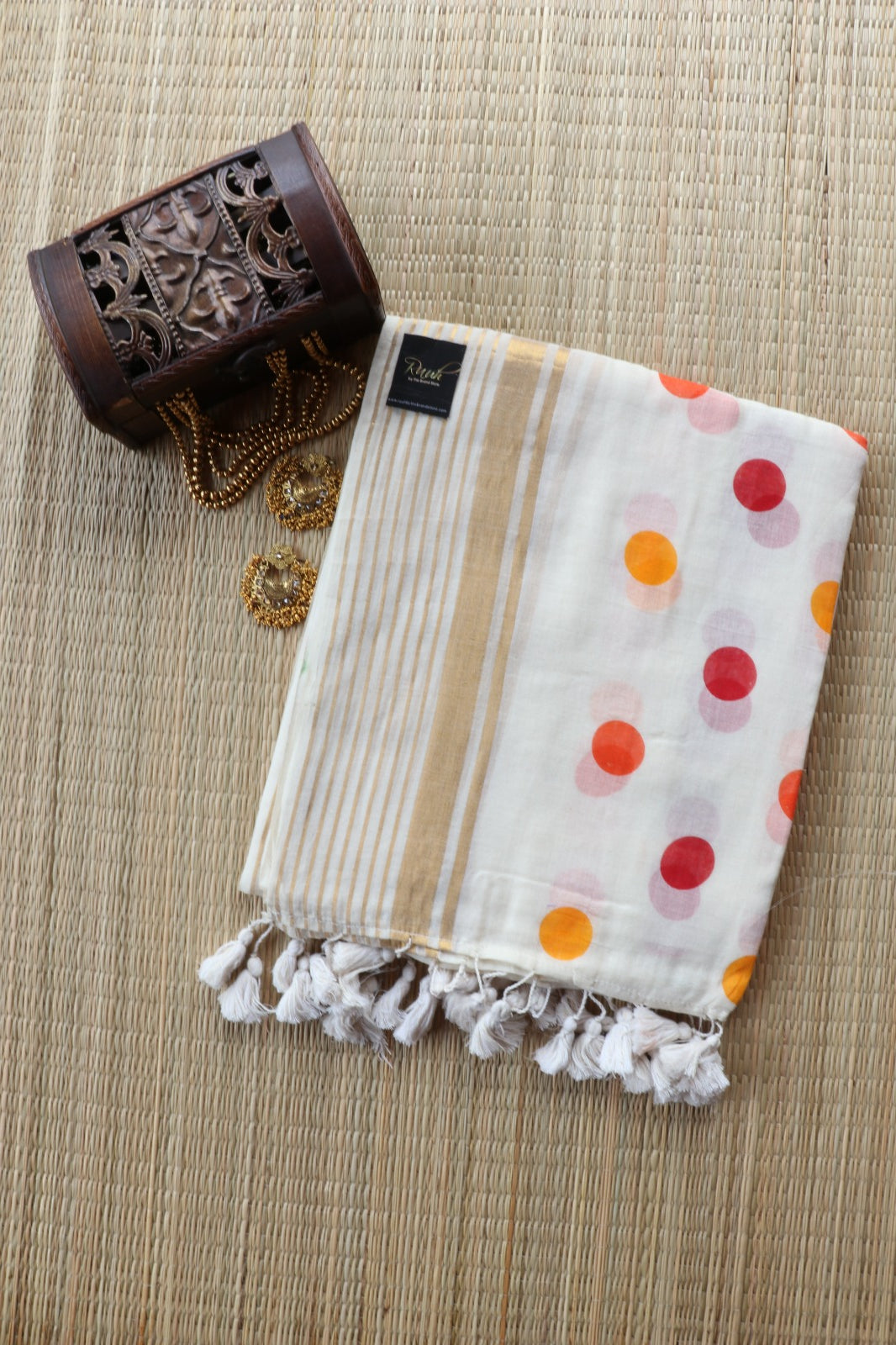 MULMUL SAREE WITH MULTICOLOUR POLKA DOTS - TBS26VC