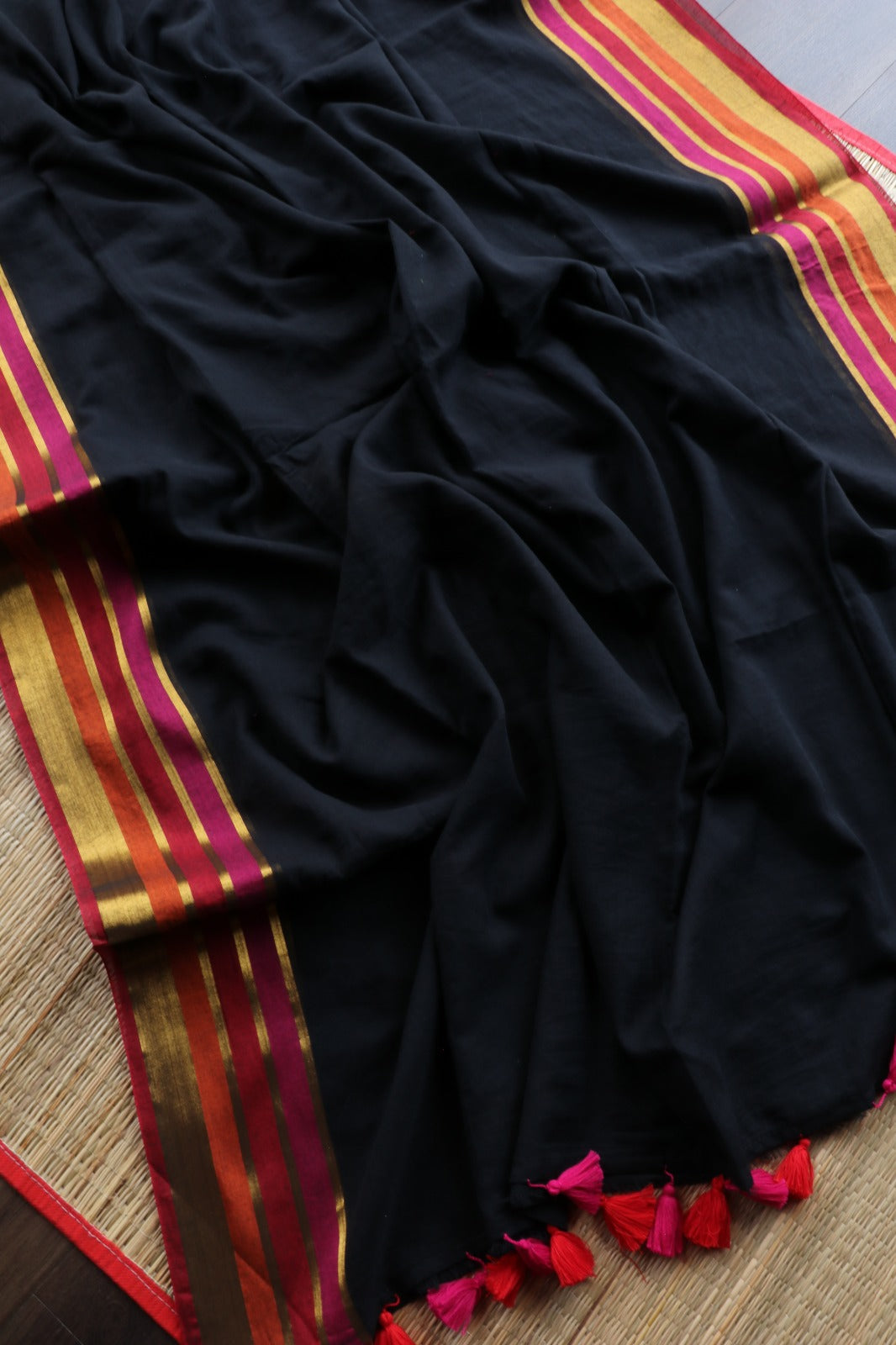 BLACK MUL COTTON WITH MULTICOLOUR BORDER-TBS26VC