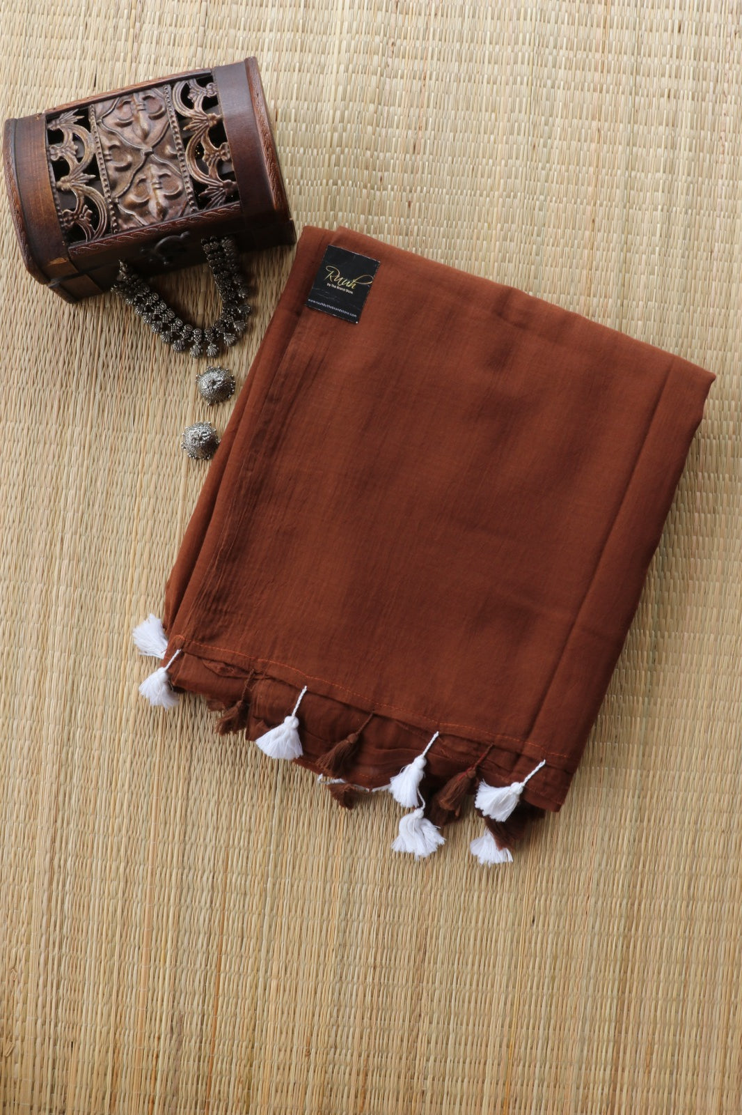 DARK BROWN PLAIN MULMUL SAREE