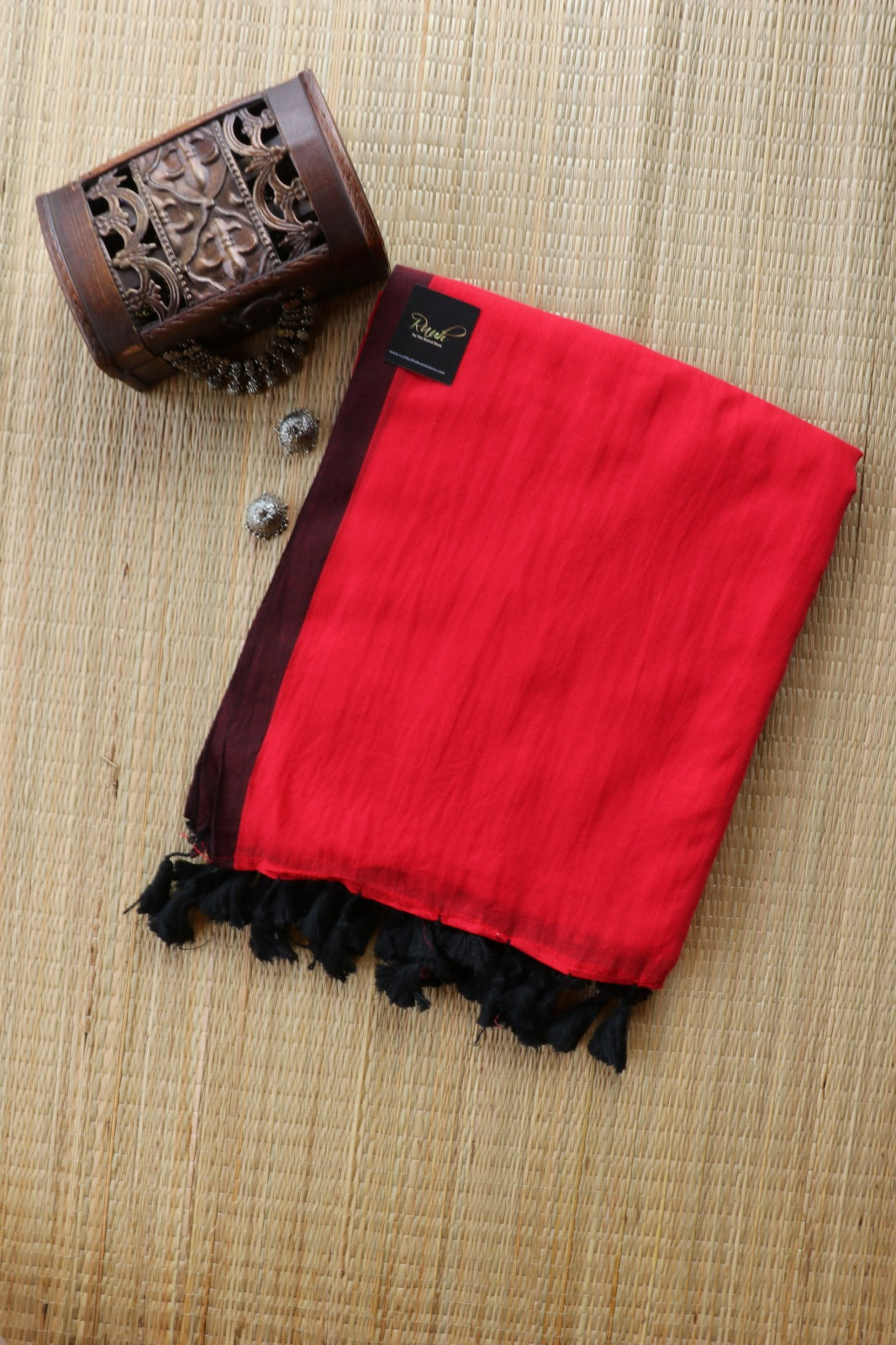 RED - BLACK PLAIN MULMUL SAREE-TBS26MP
