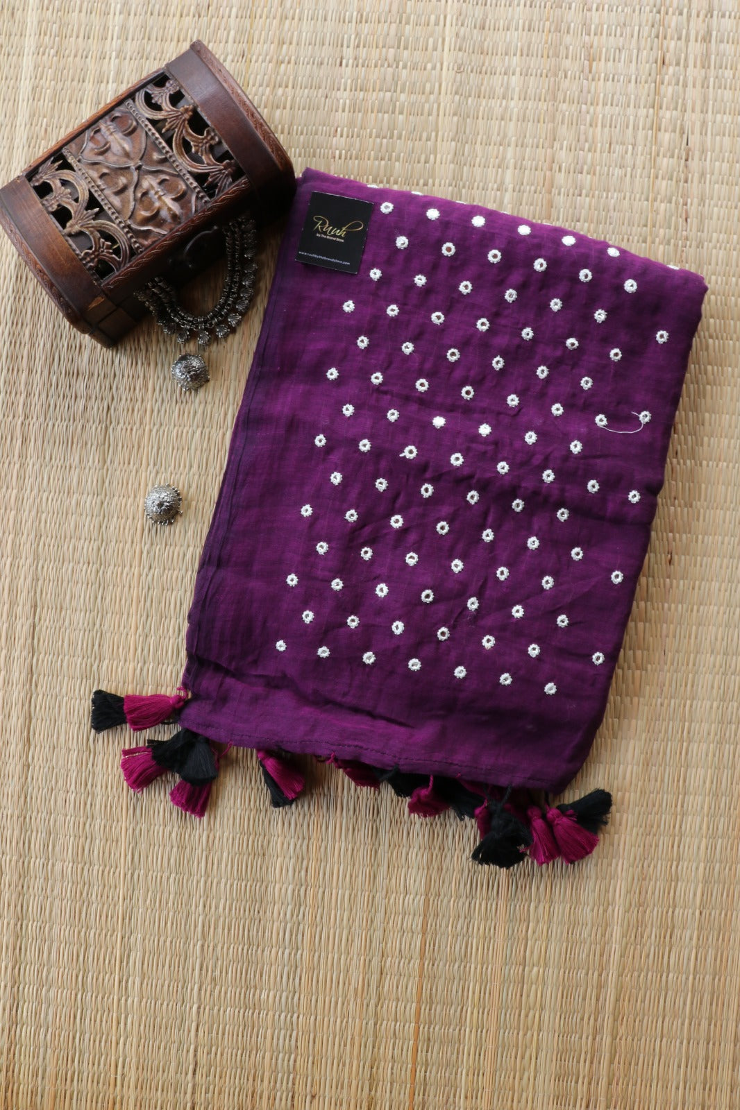 PURPLE MULMUL MIRROR WORK SAREE - TBS26MMW