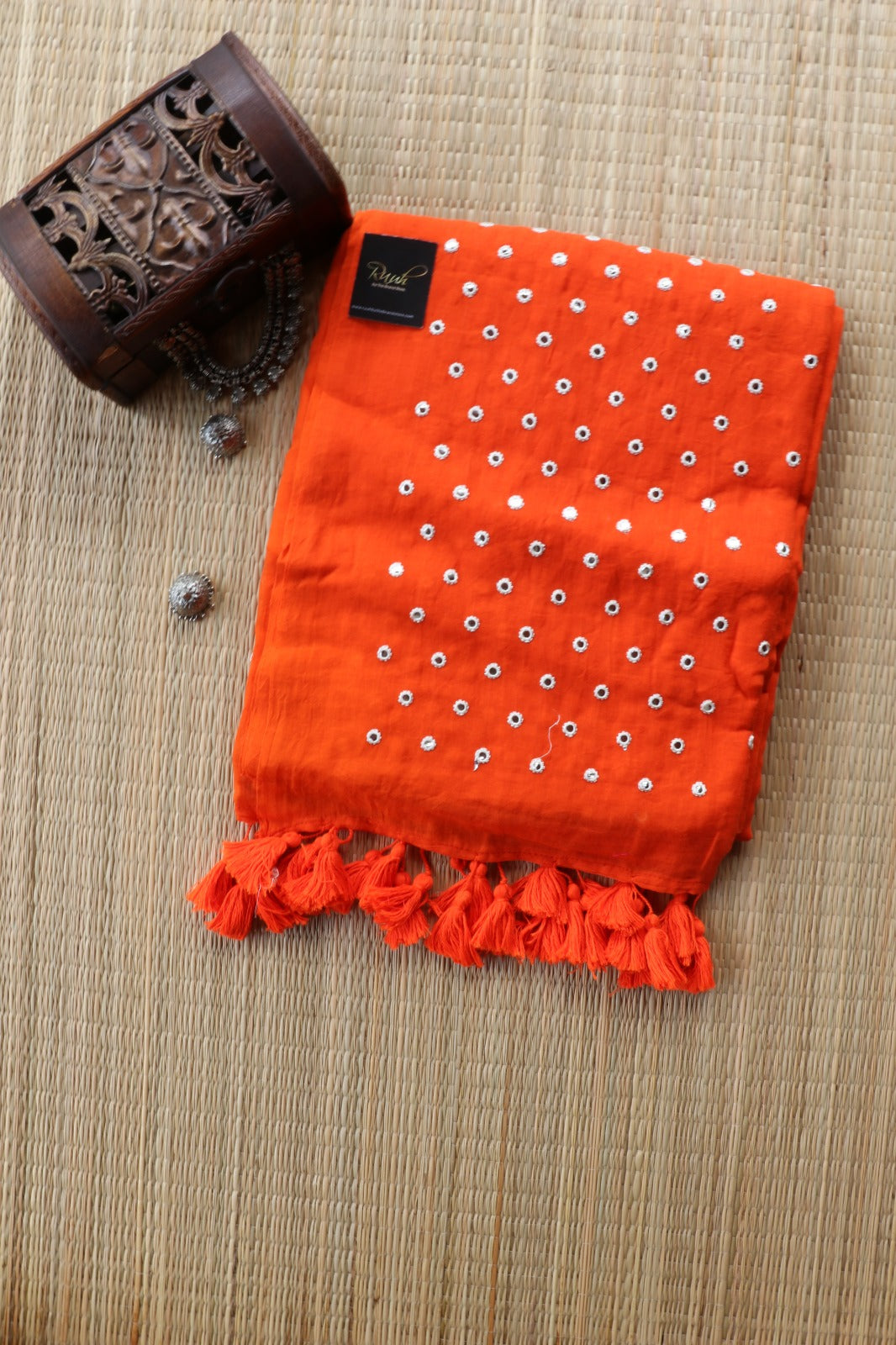 ORANGE MULMUL MIRROR WORK SAREE- TBS26MMW
