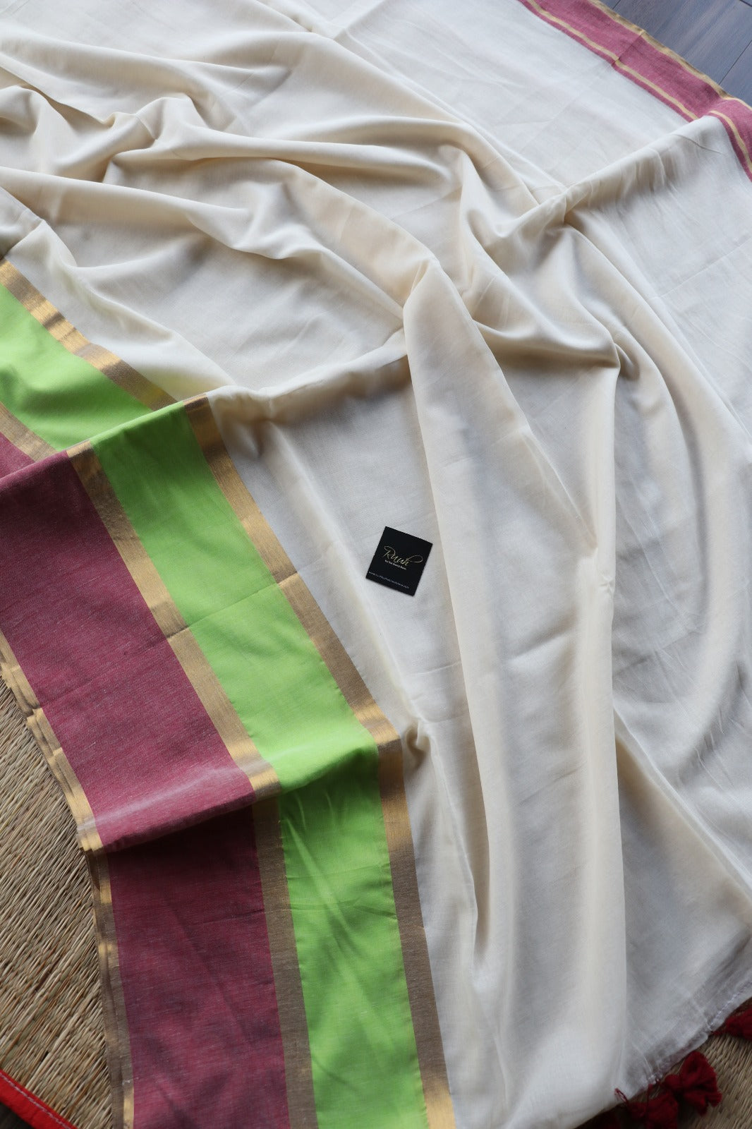 MULMUL SAREE WITH GREEN AND PINK BORDER