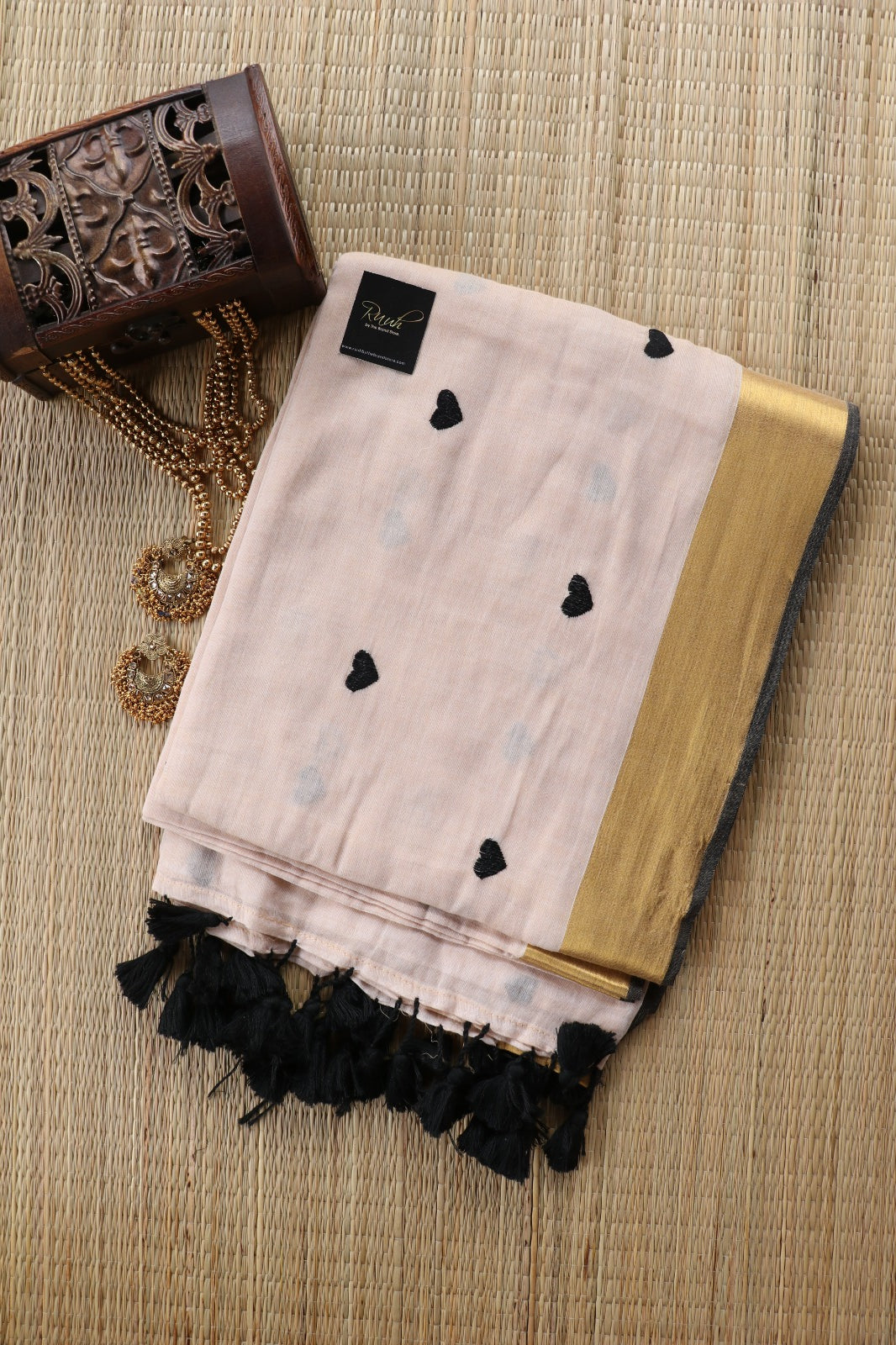 BLACK HEART EMBROIDERED MULMUL SAREE