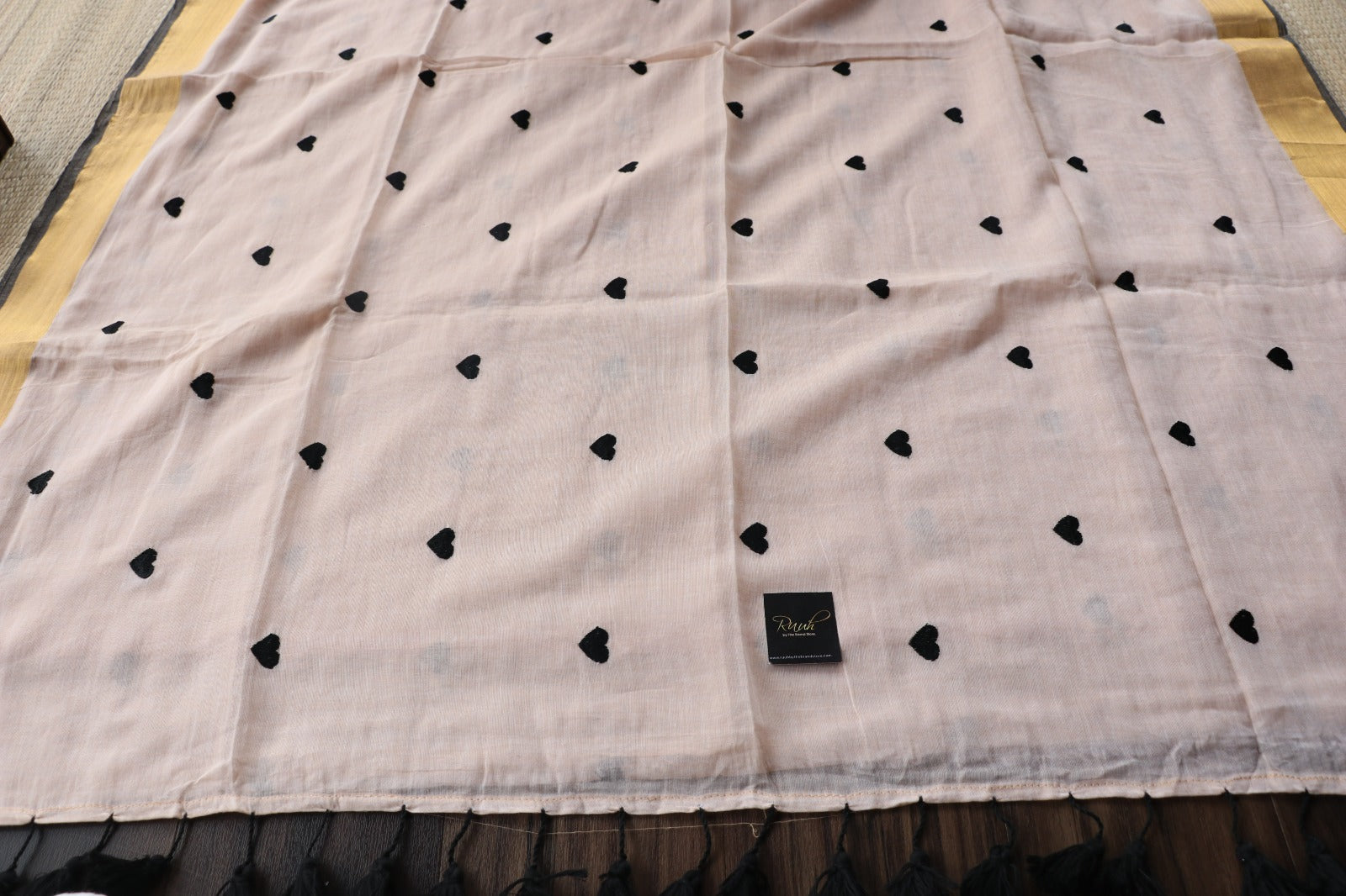 BLACK HEART EMBROIDERED MULMUL SAREE