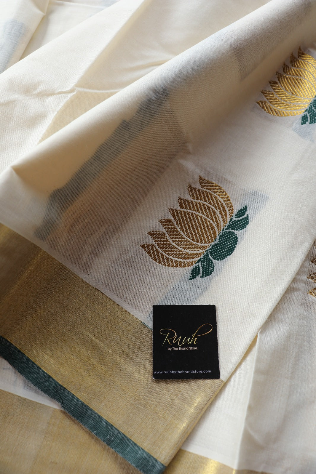 LOTUS EMBROIDERY ON KERALA COTTON - GREEN