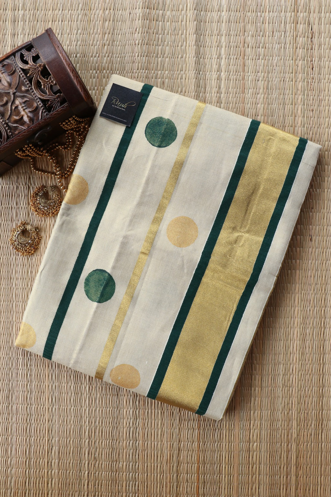 TISSUE SAREE WITH STRIPE AND POLKA-GREEN