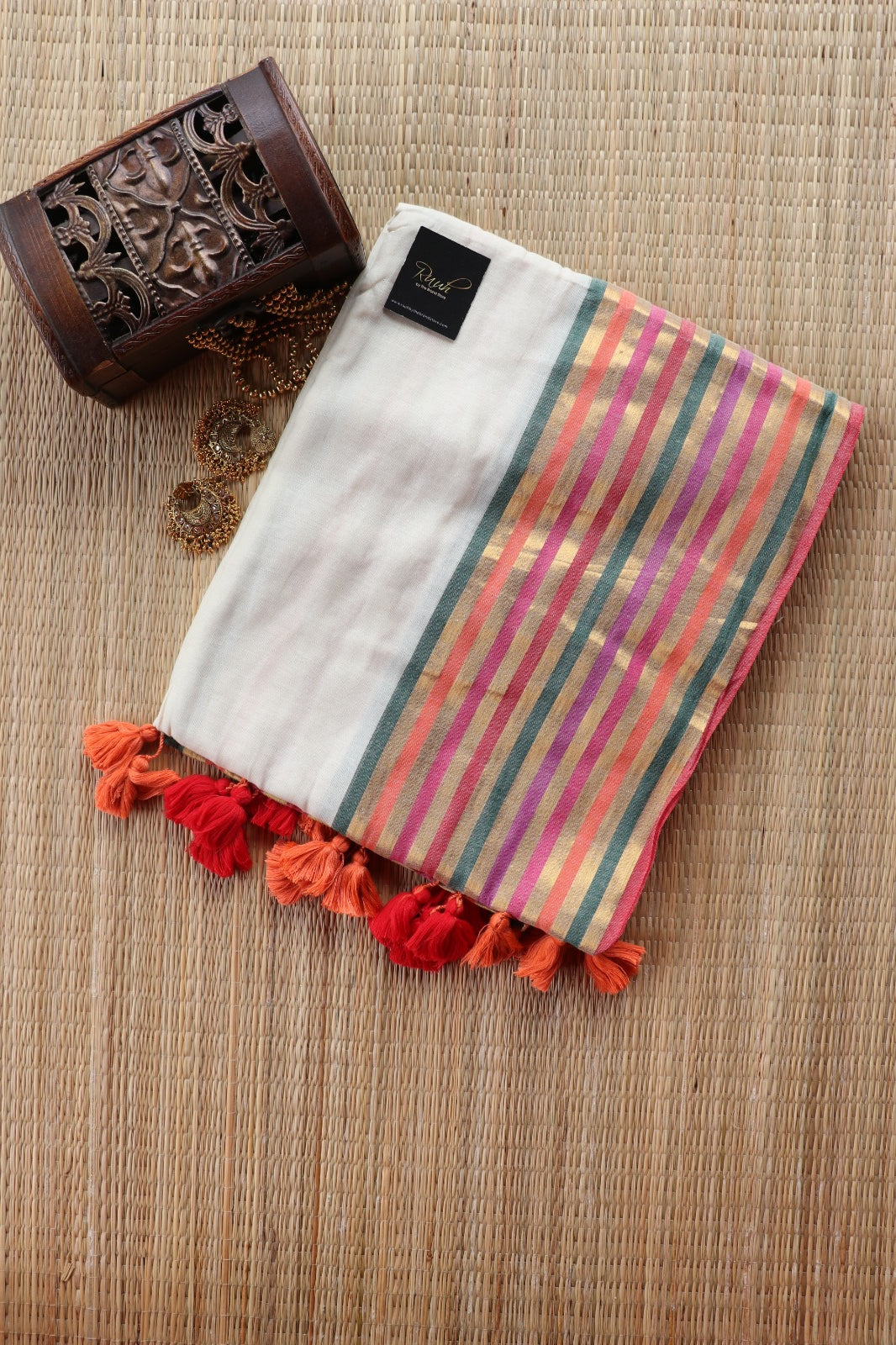 OFF WHITE MULMUL SAREE WITH MULTICOLOUR BORDER