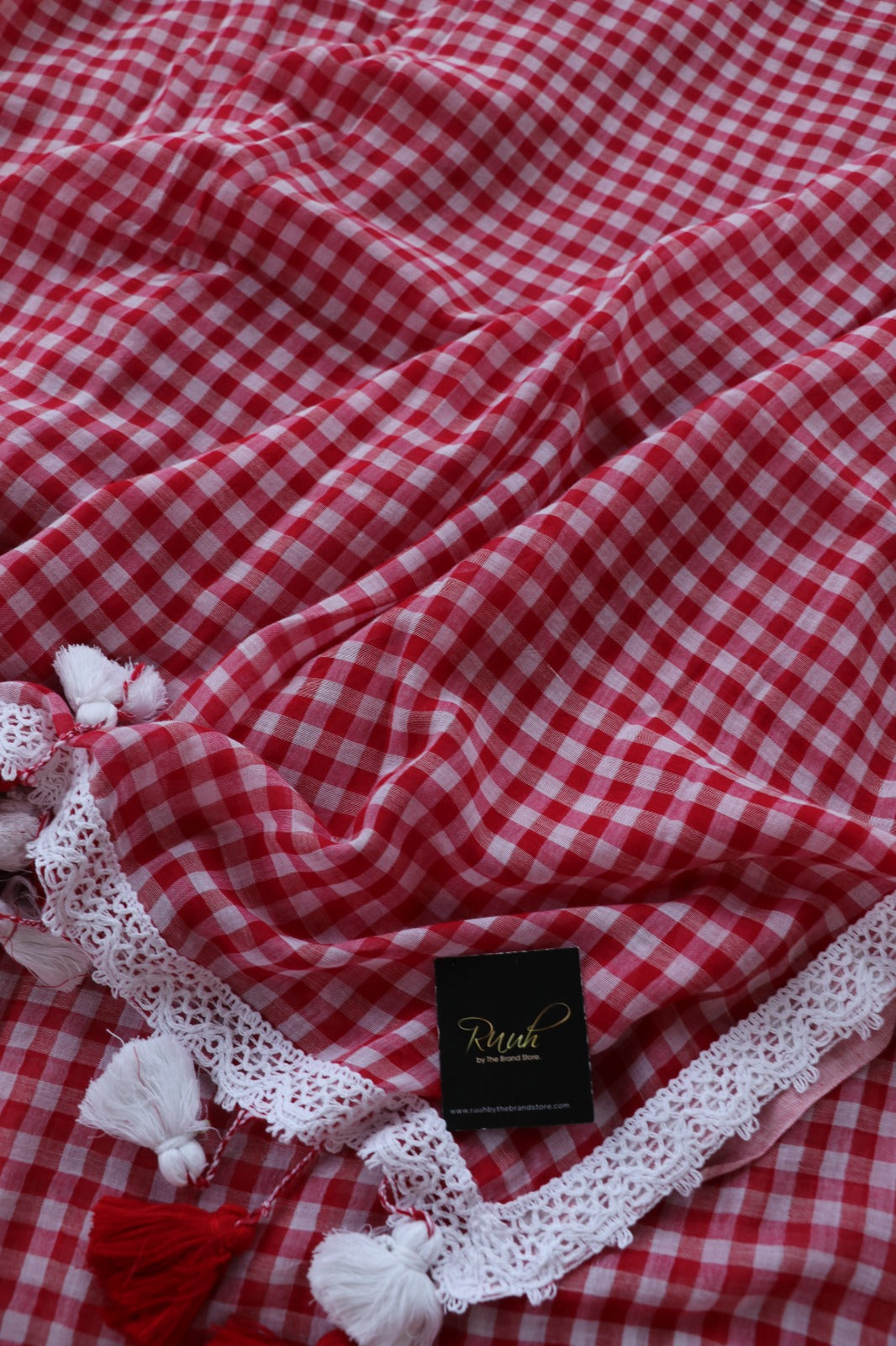 MUL COTTON CHECKS WITH LACE - RED