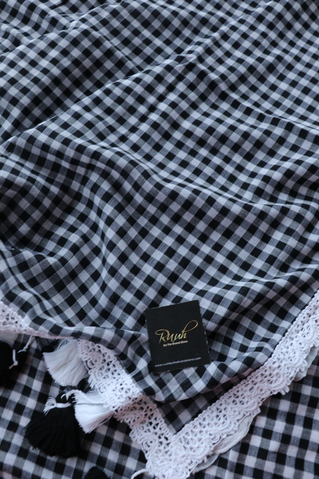 MUL COTTON CHECKS WITH LACE - BLACK
