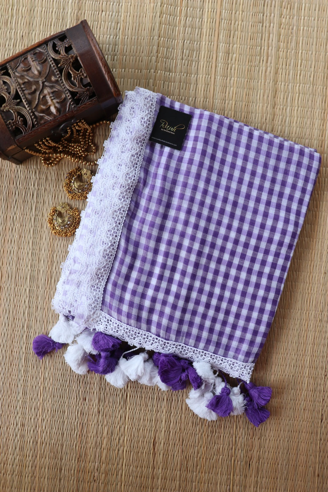 MUL COTTON CHECKS WITH LACE - LAVENDER