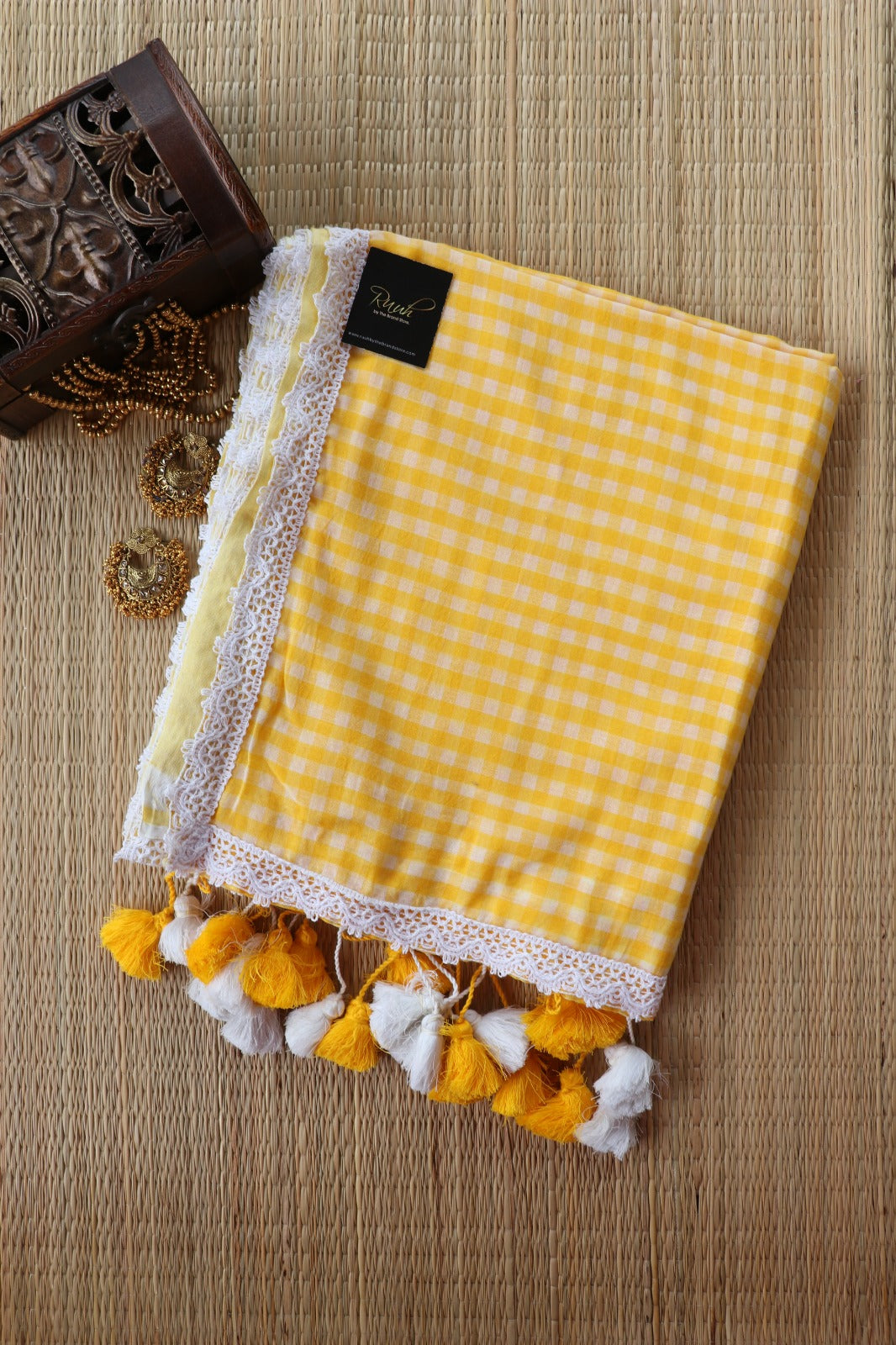 MUL COTTON CHECKS WITH LACE - YELLOW