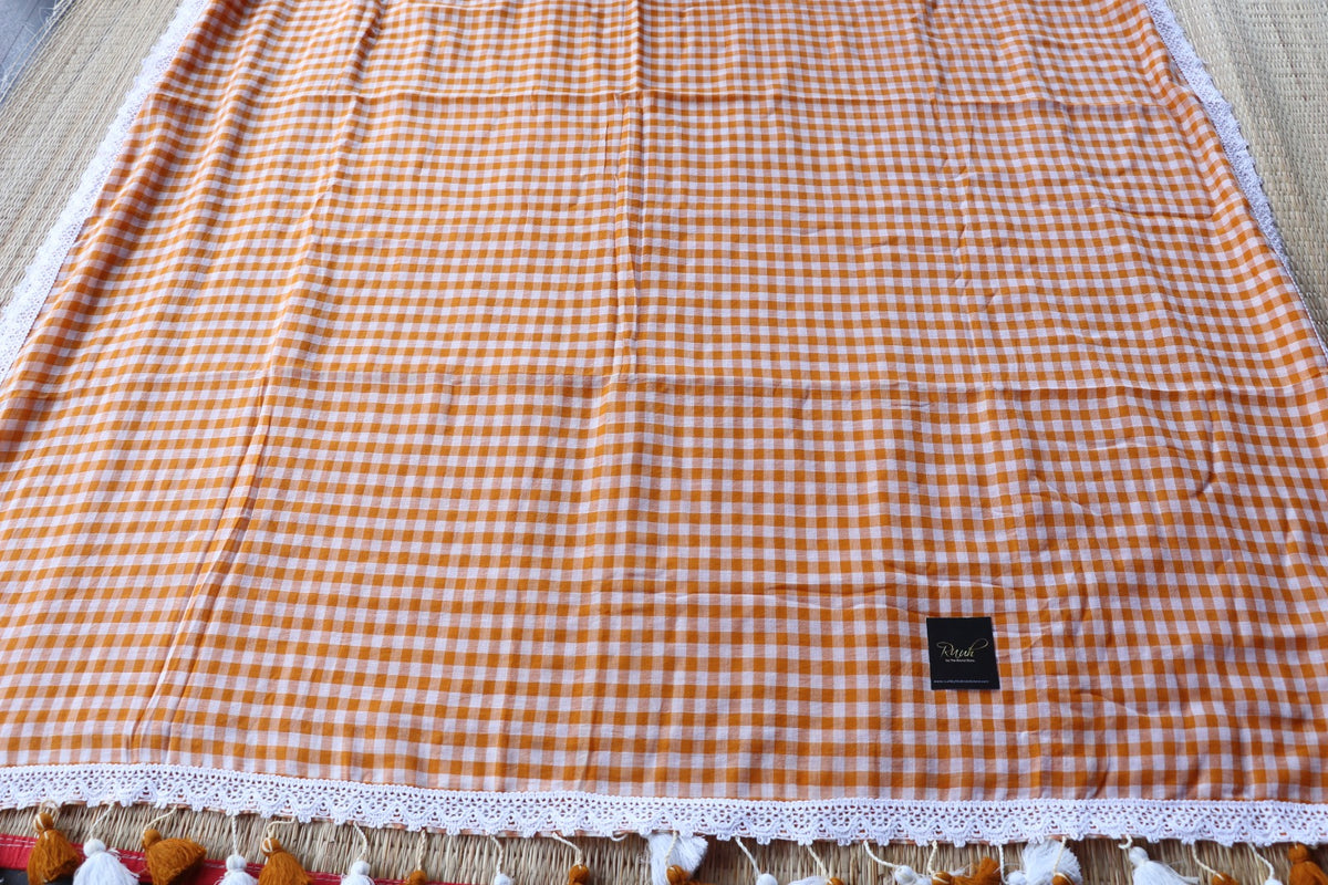 MUL COTTON CHECKS WITH LACE - PEACH-TBS26MCC
