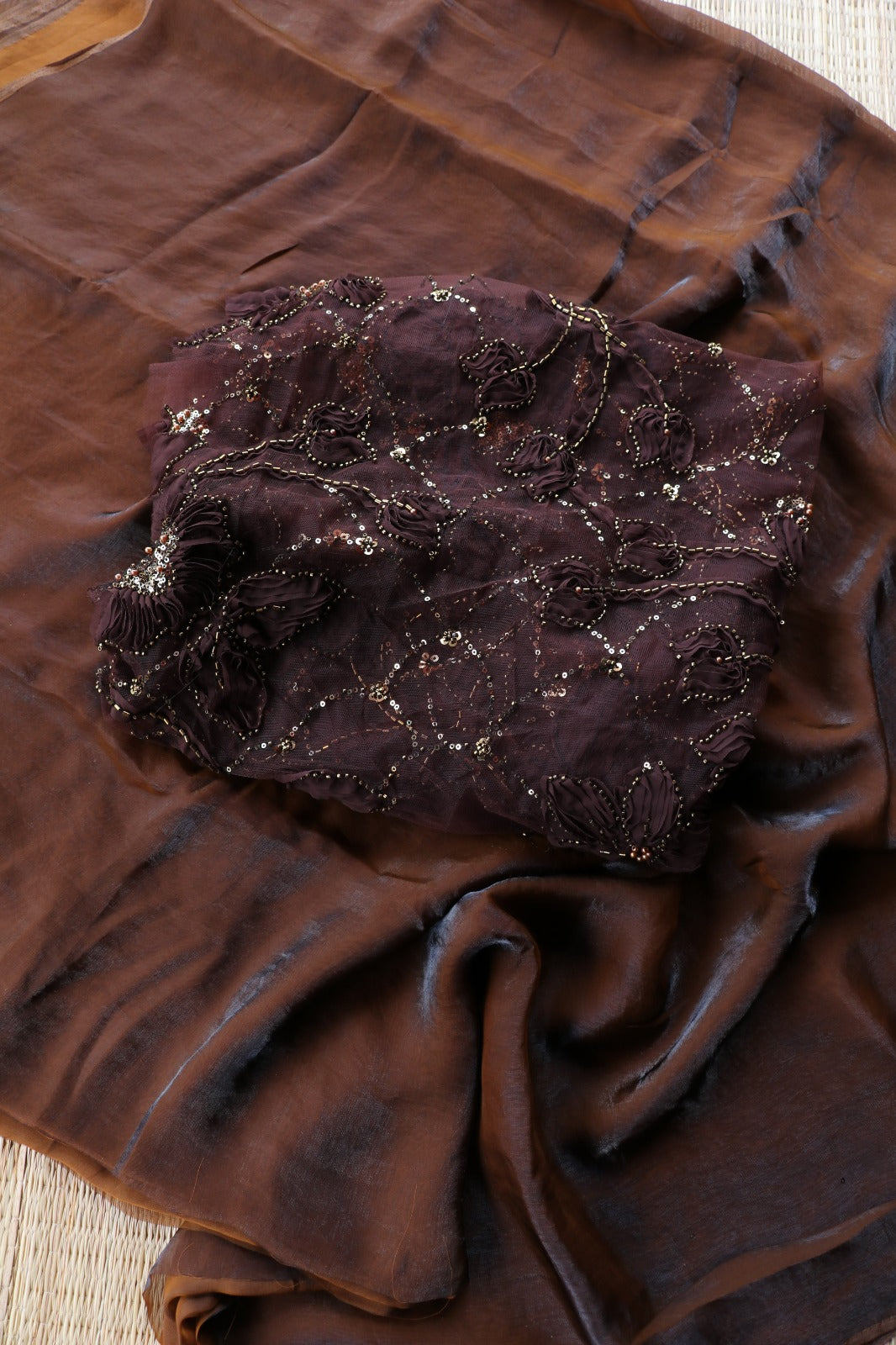 COFFEE BROWN SPACE SILK, NET BLOUSE