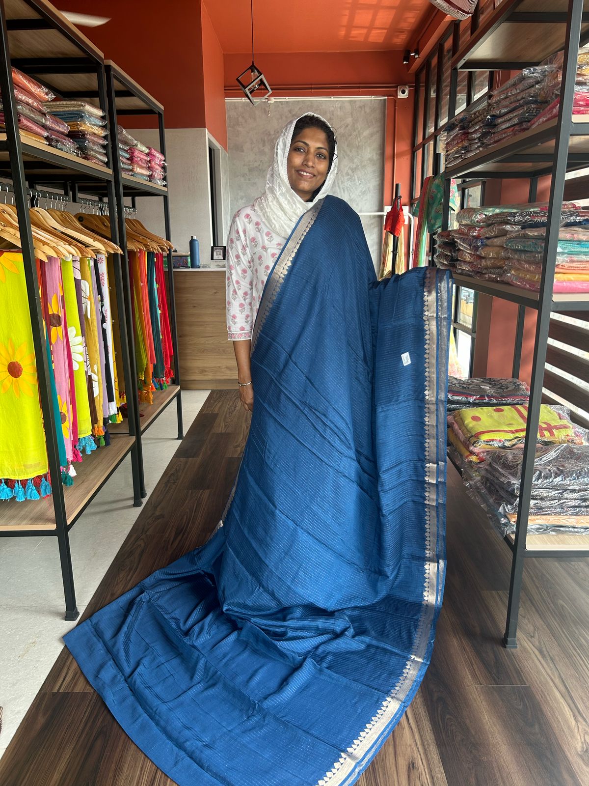 PEACOCK BLUE VISCOSE STRIPE SAREE
