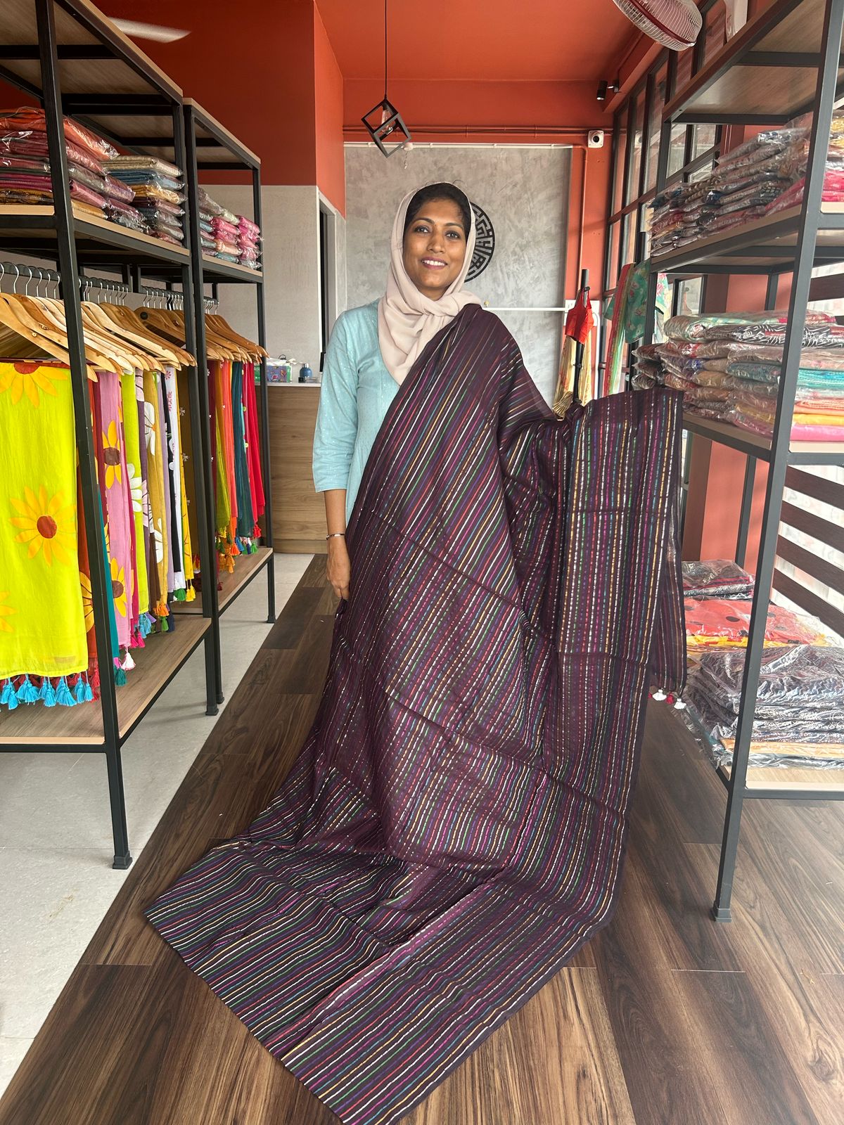WINE MULMUL COTTON SAREE WITH MULTICOLOUR STRIPES