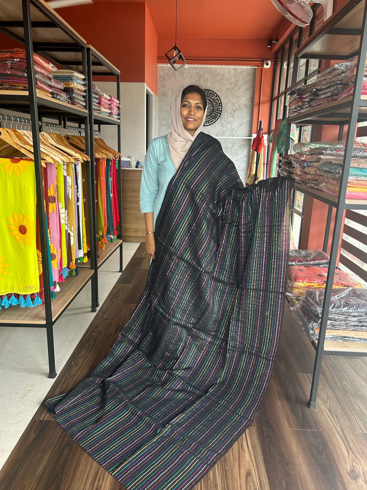 BLACK MULMUL COTTON SAREE WITH MULTICOLOUR STRIPES