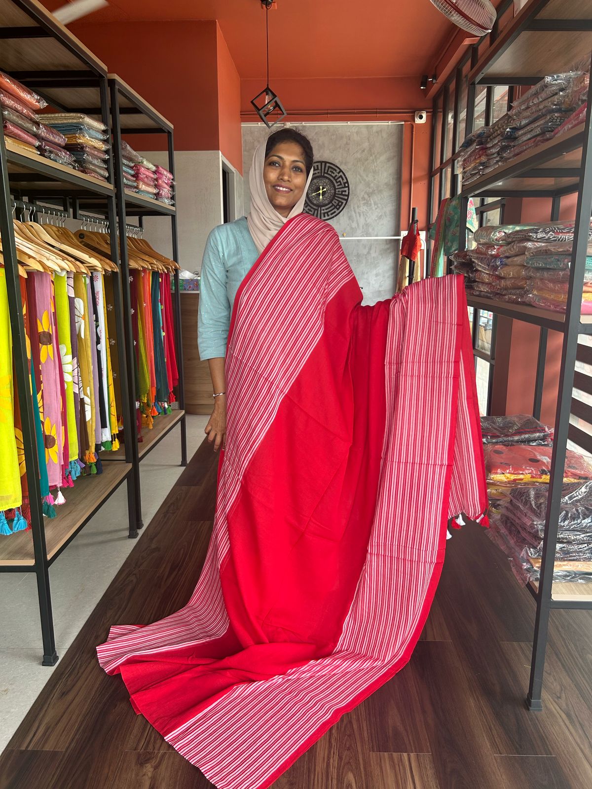 RED MULMUL SAREE WITH STRIPE BORDERS