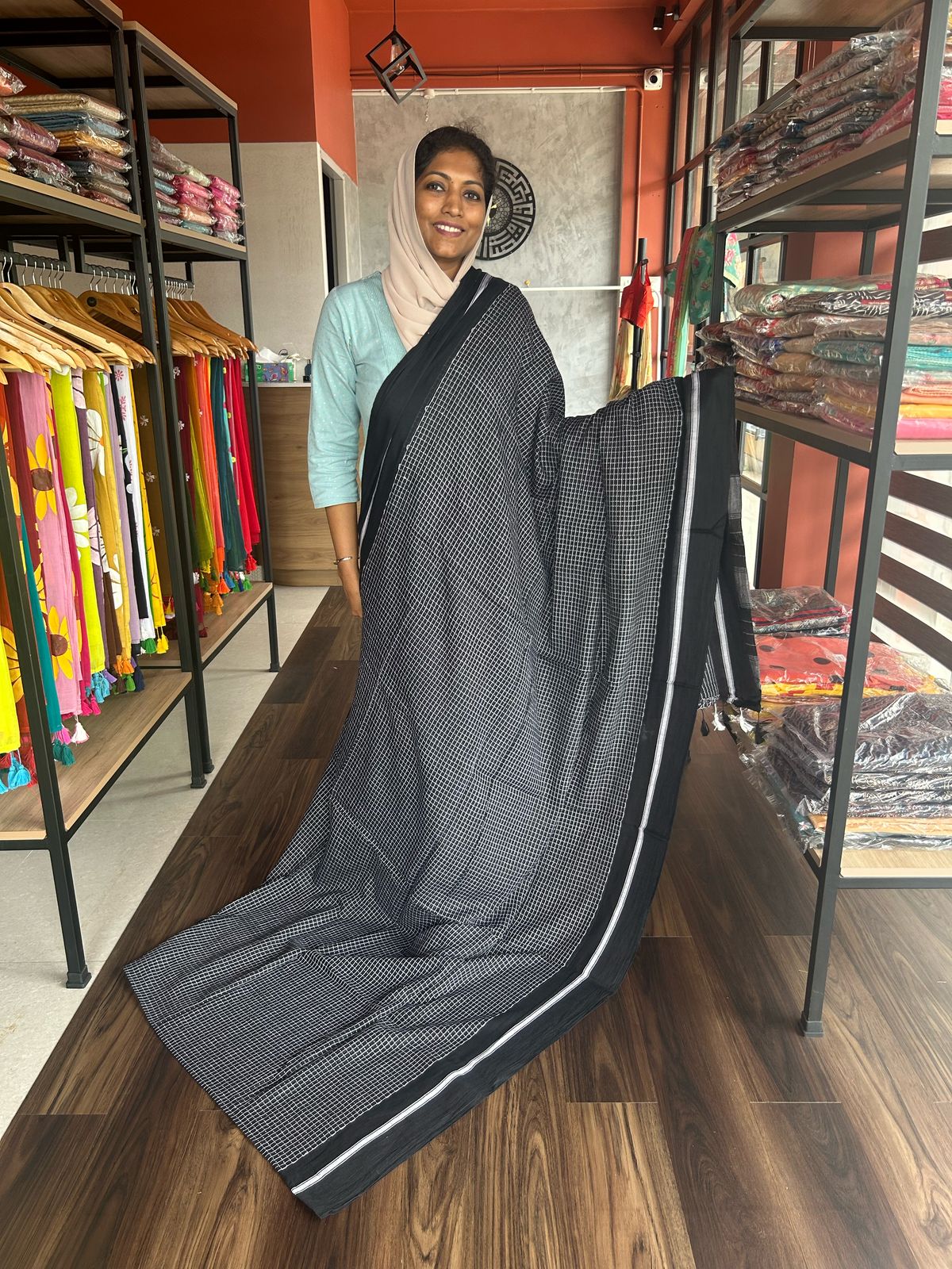BLACK KANTHA CHECKS MUL COTTON SAREE