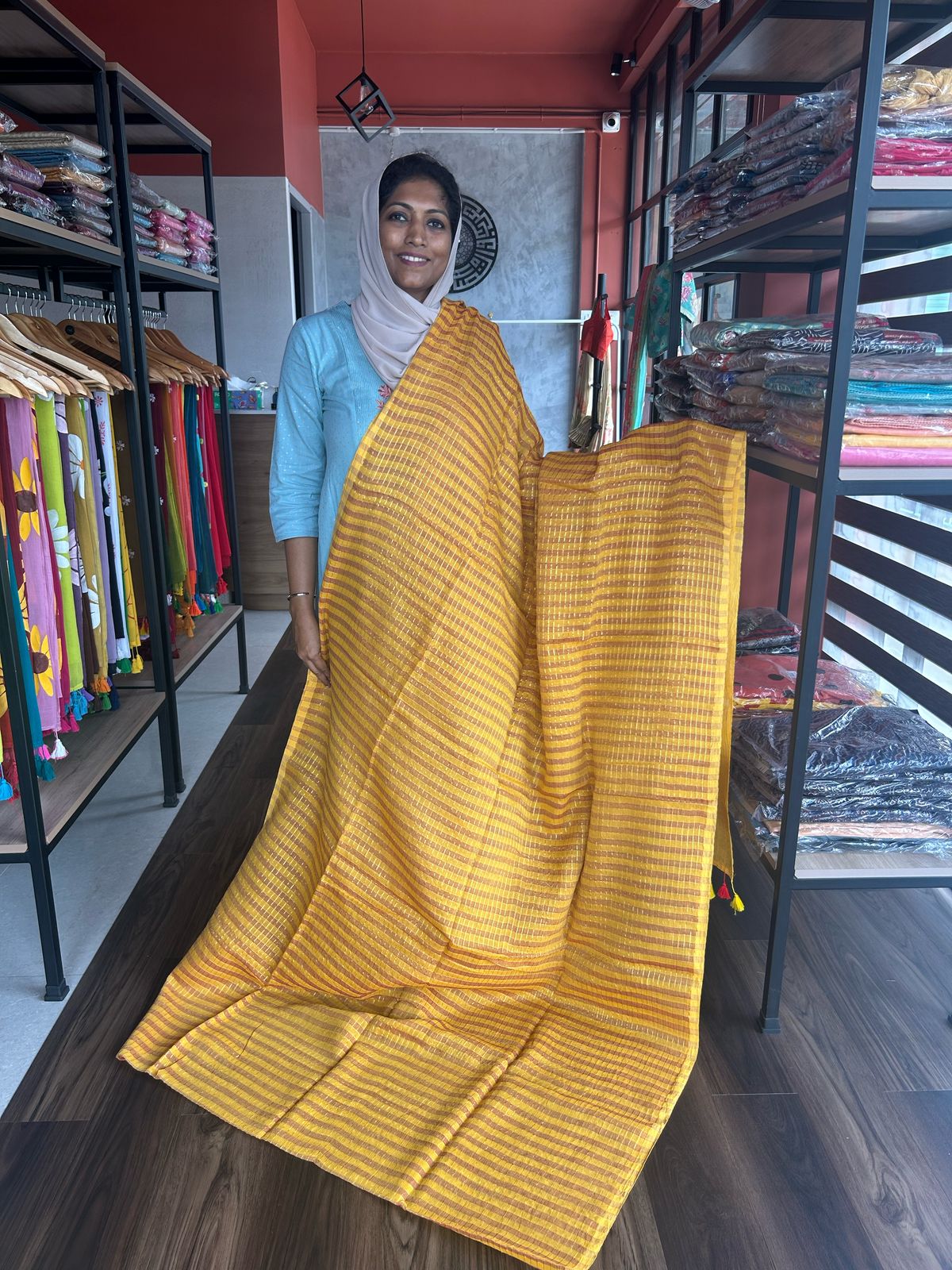 YELLOW MUL COTTON WITH GOLDEN ZARI CHECKS
