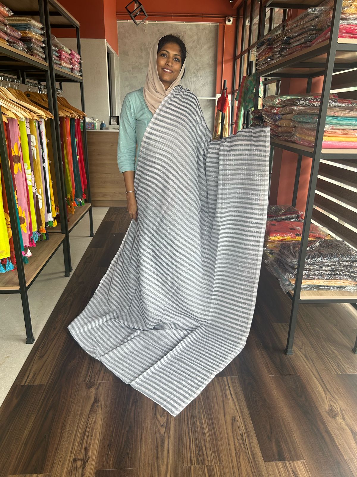 GREY MUL COTTON WITH SILVER ZARI CHECKS