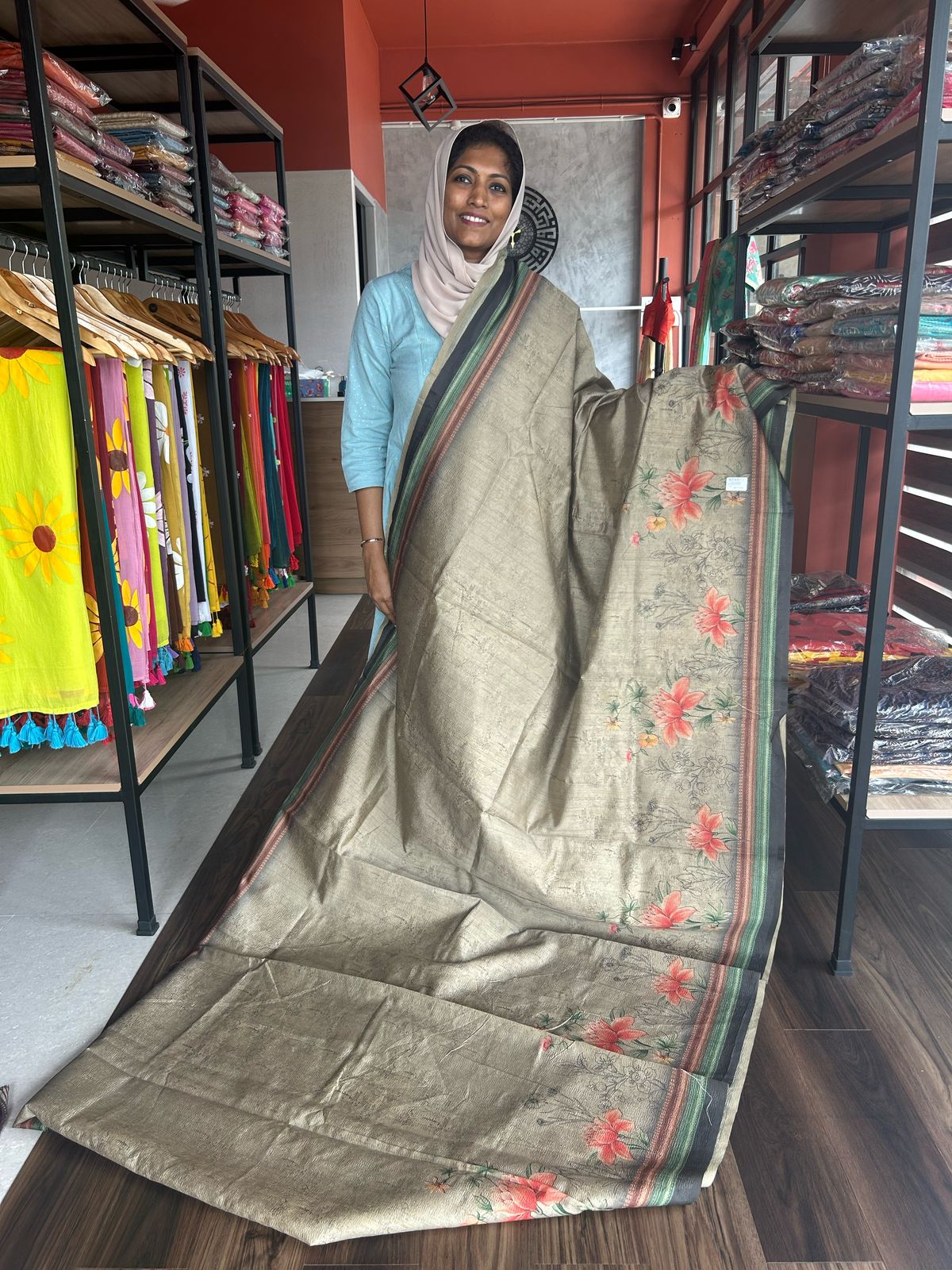 SAGE GREEN BASE DIGITAL PRINTED CRUSH SILK SAREE