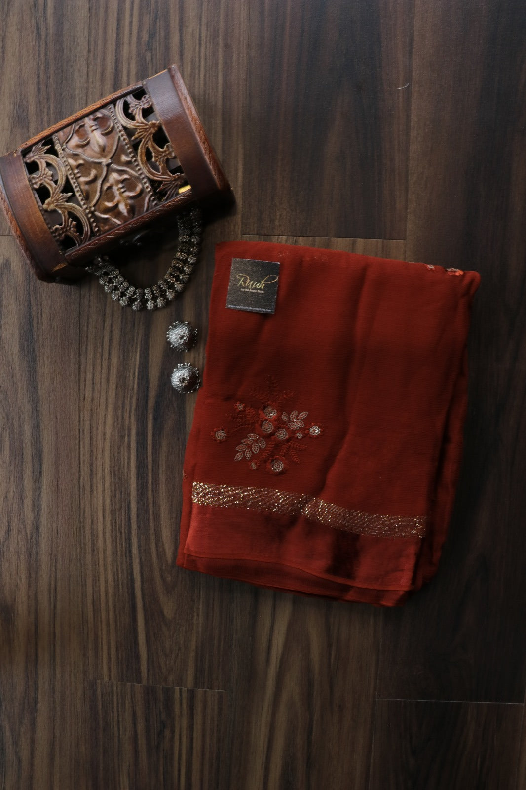 DARK BROWN VISCOSE GEORGETTE FLORAL DESIGN SAREE