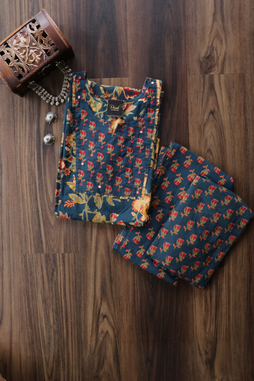 BLUE COTTON  FLORAL PRINTED SALWAR SUIT SET